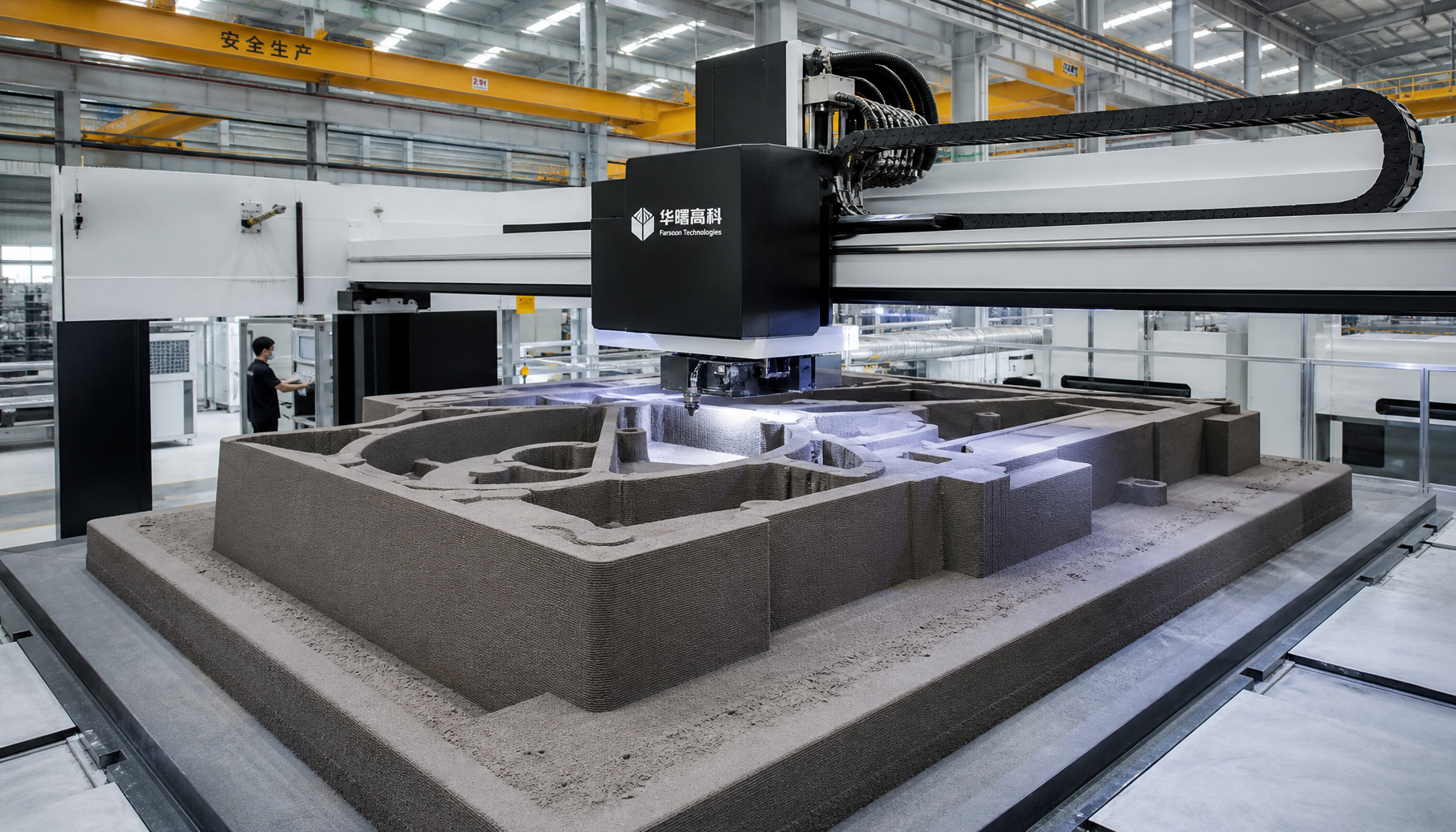 Binder jetting 3D printer producing a sand mold for metal casting