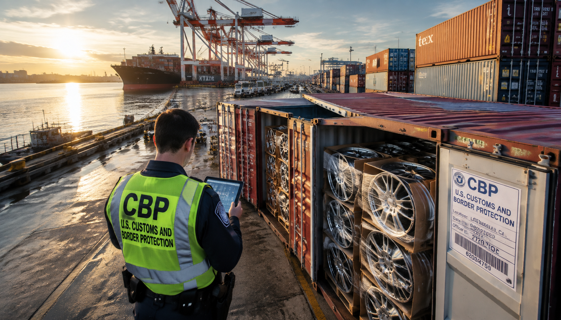 US port container terminal with aluminum wheels under customs inspection