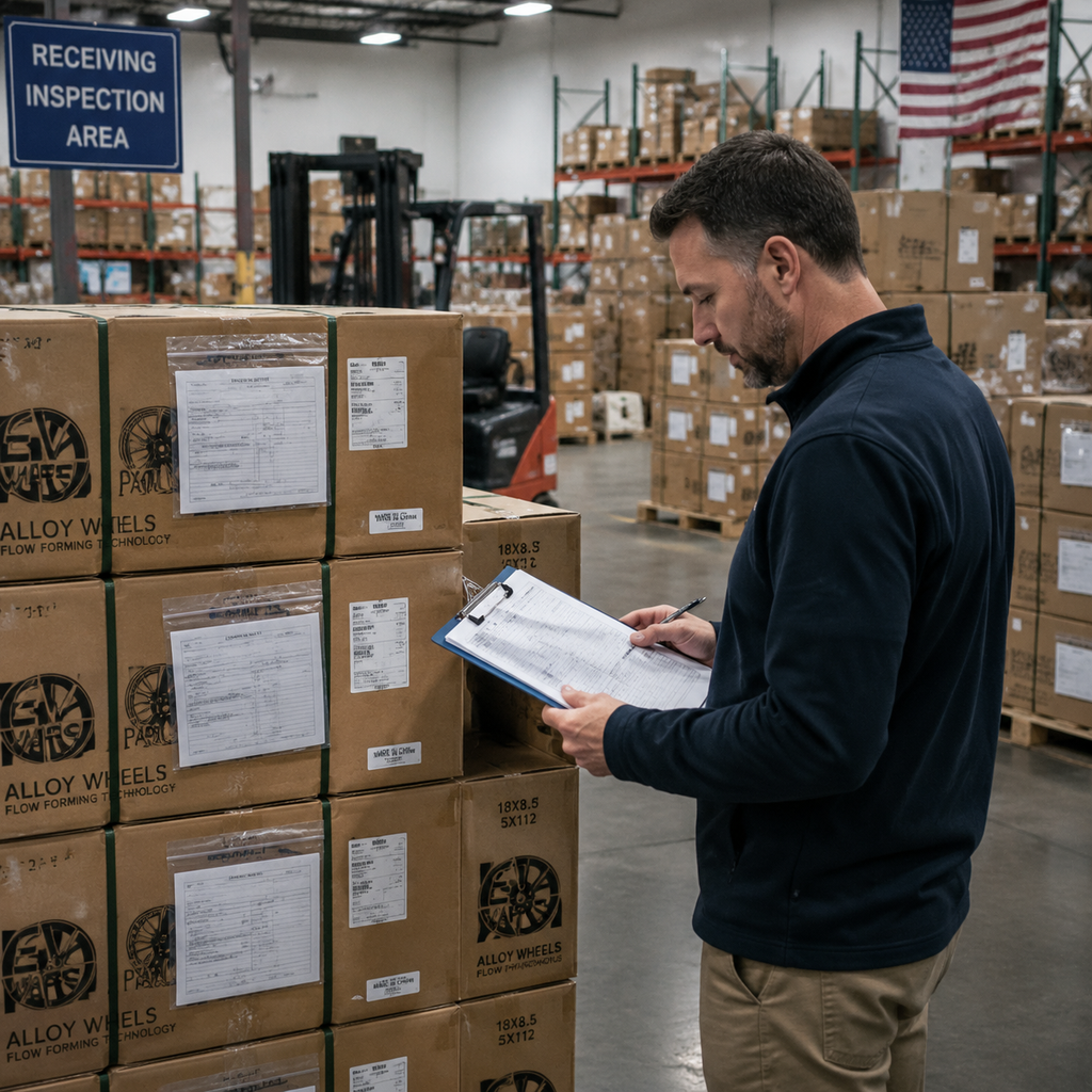 Compliance manager auditing EV wheel parts in a distribution warehouse