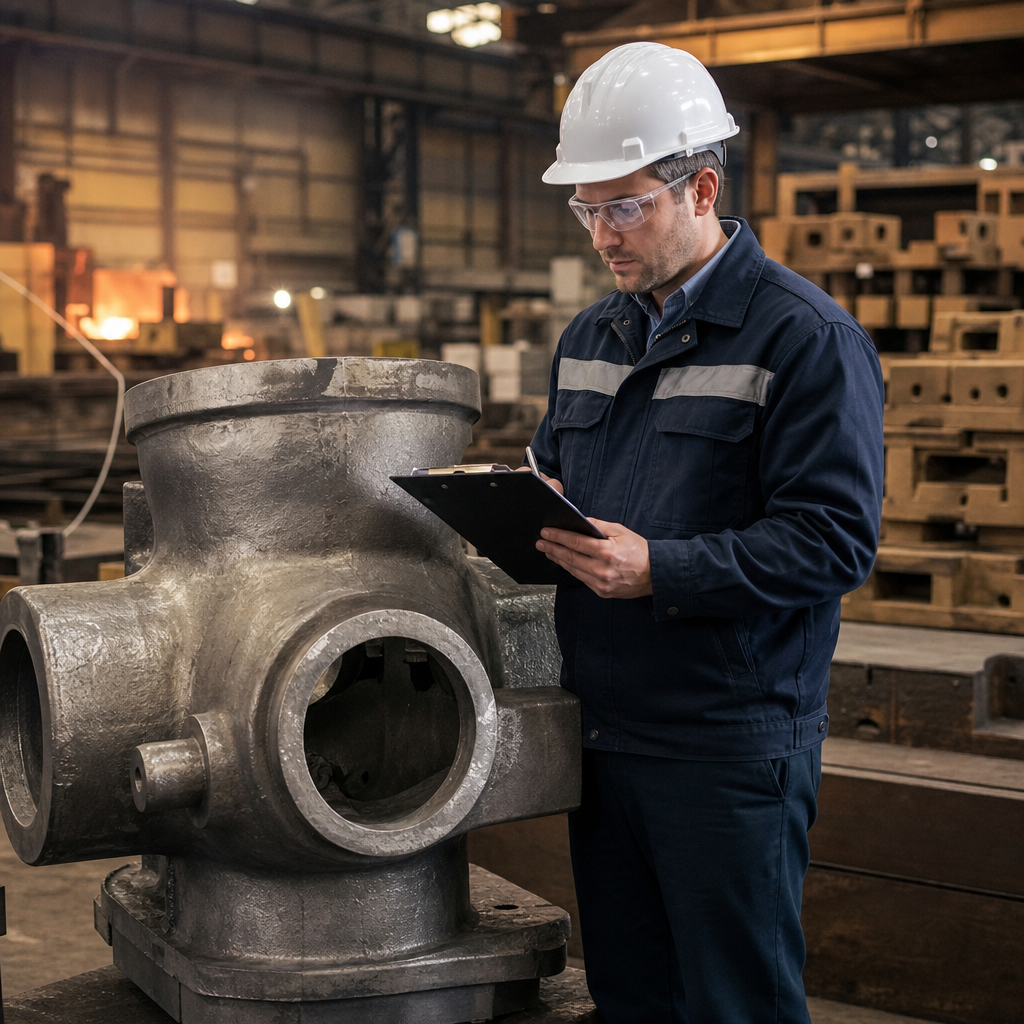 Auditor reviewing checklist in a steel casting foundry