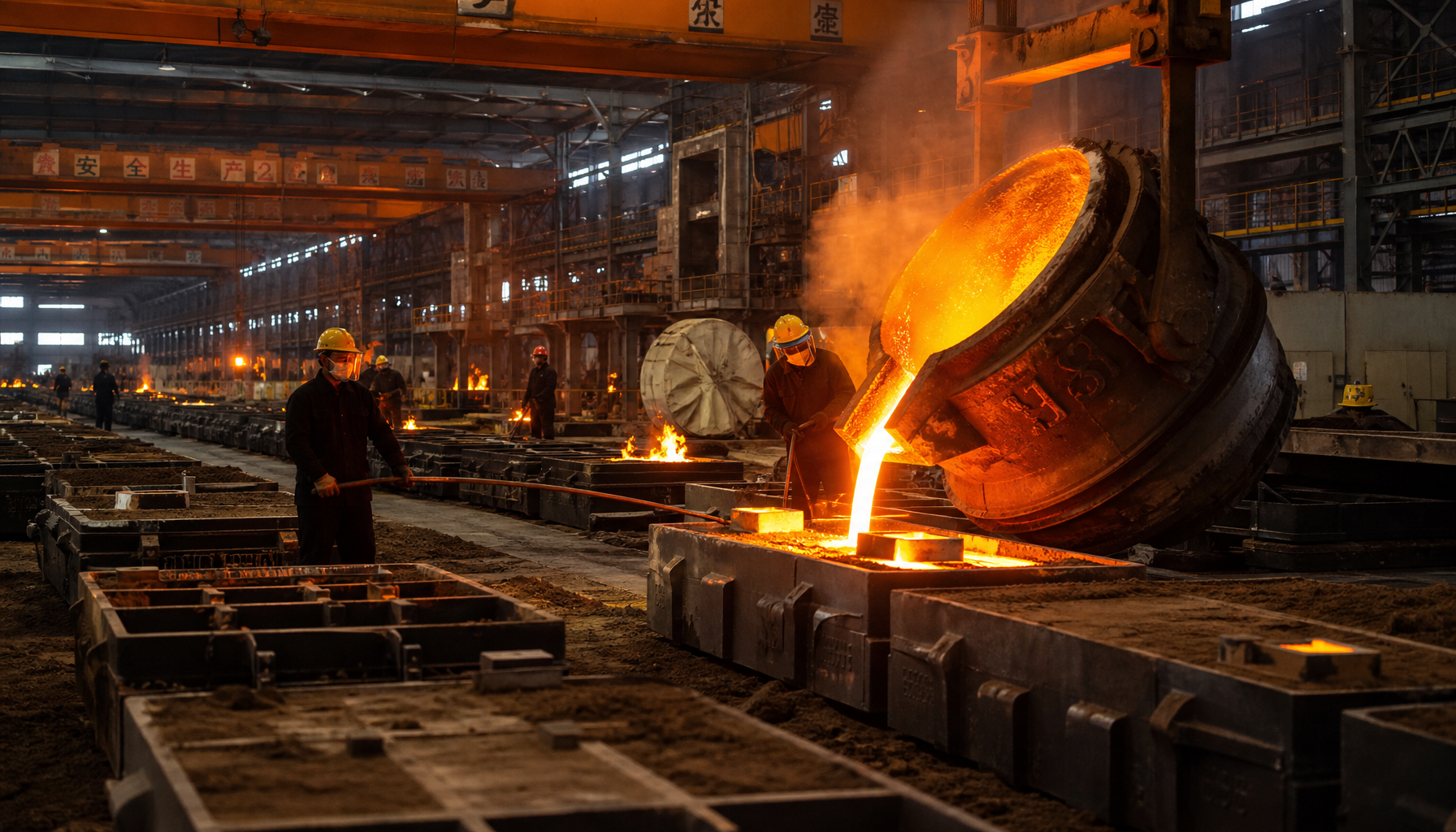 Molten steel pouring in a valve casting foundry in China
