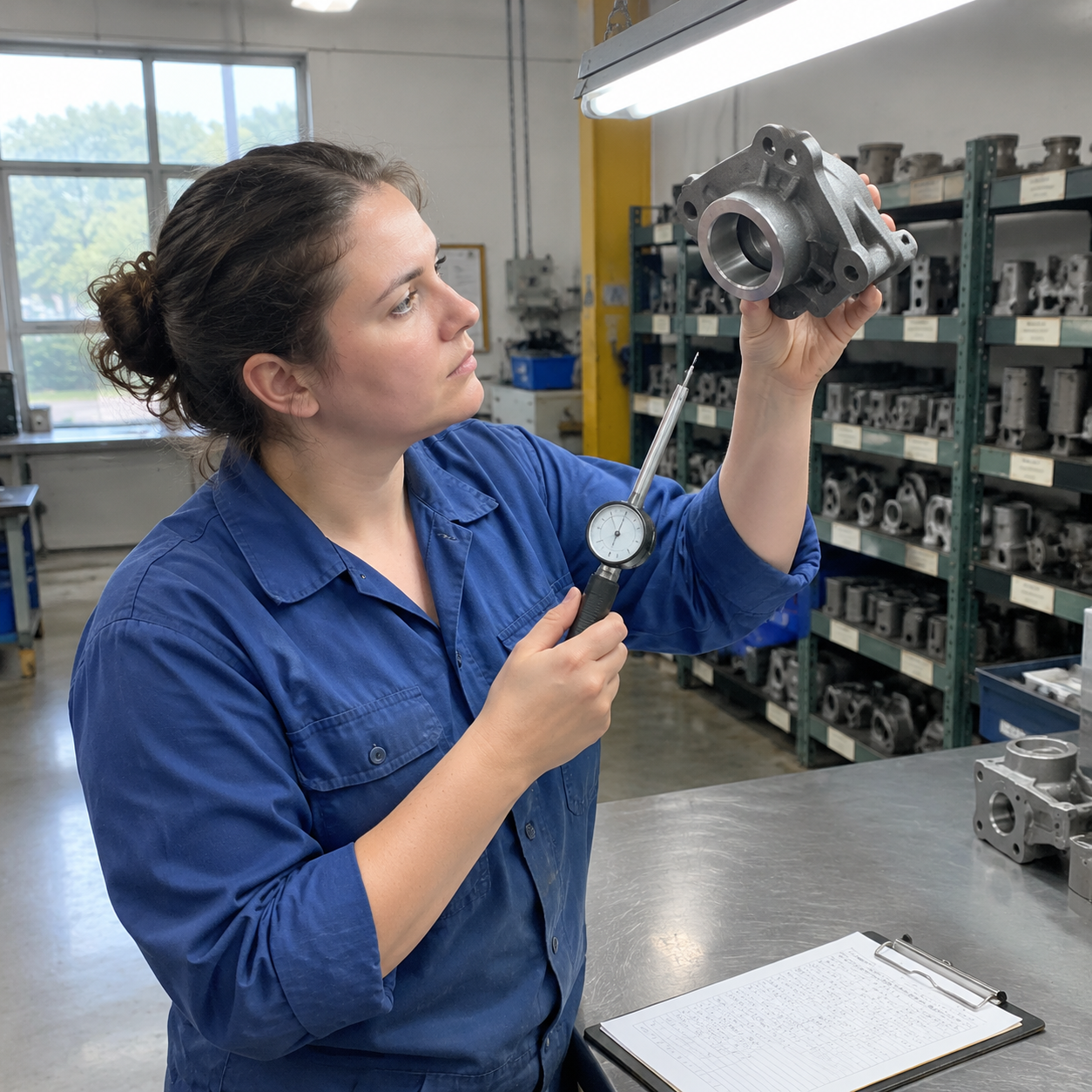 Inspector checking a gray iron casting with a bore gauge at a workshop bench