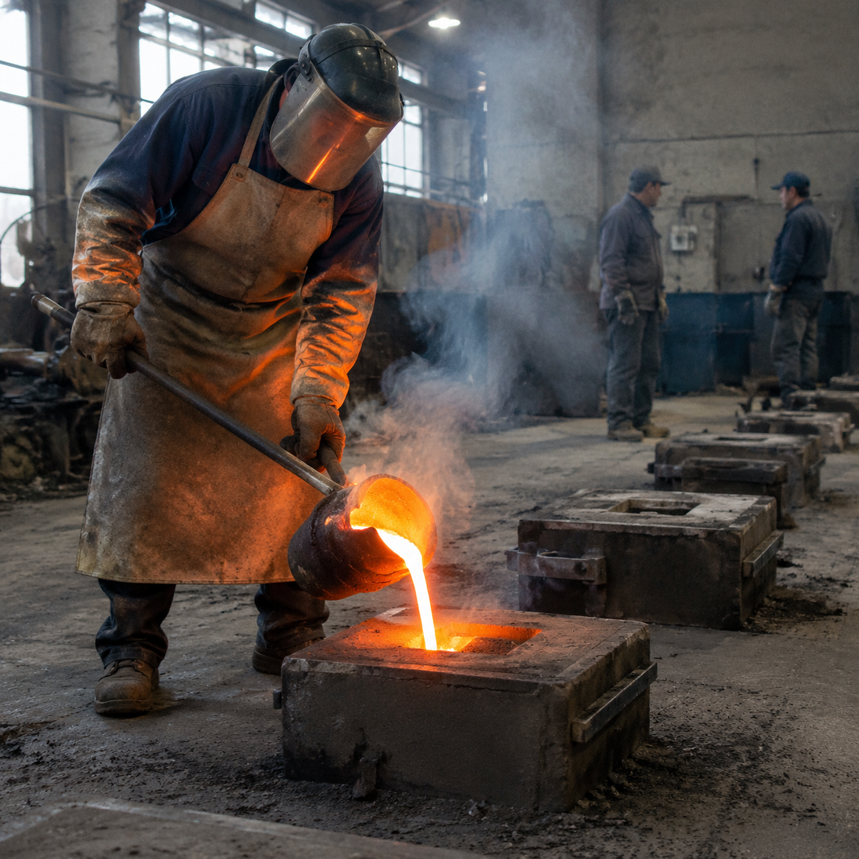 Worker pouring molten iron into sand molds on a foundry floor