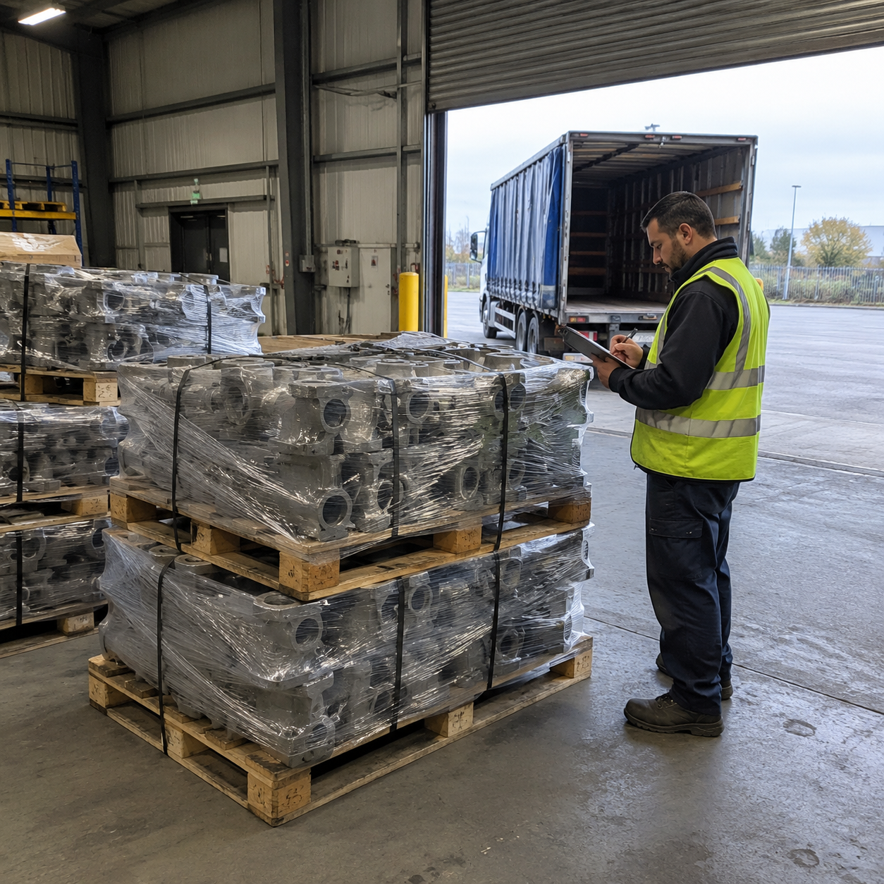 Pallets of gray iron castings strapped and staged on a loading dock
