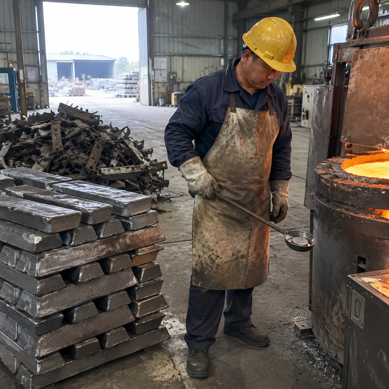 Pig iron and steel scrap beside an induction furnace