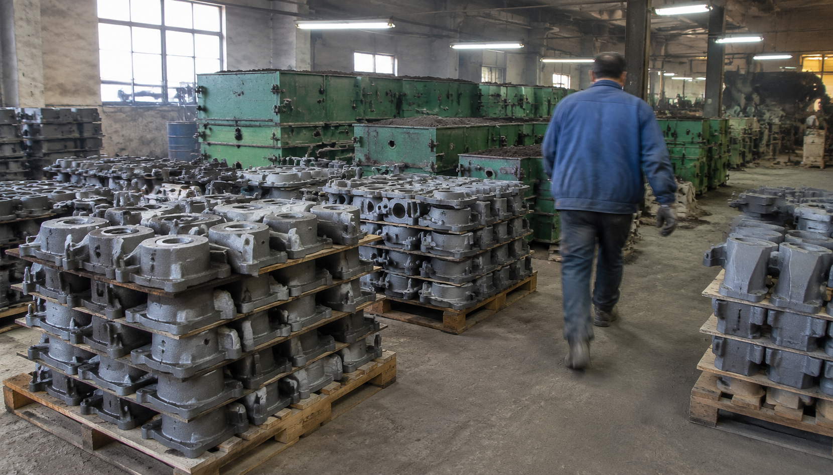 Finished gray iron castings stacked on pallets inside a foundry