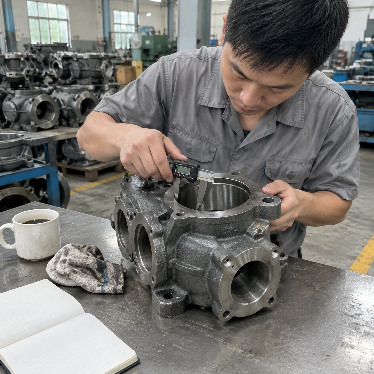 Inspector measuring a gray iron pump housing