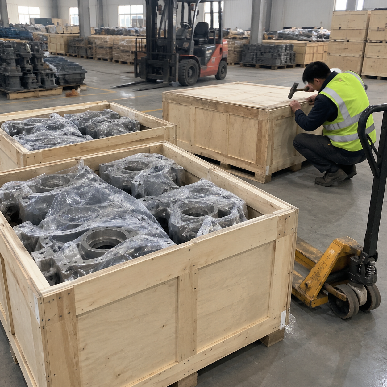 Gray iron castings packed in wooden export crates