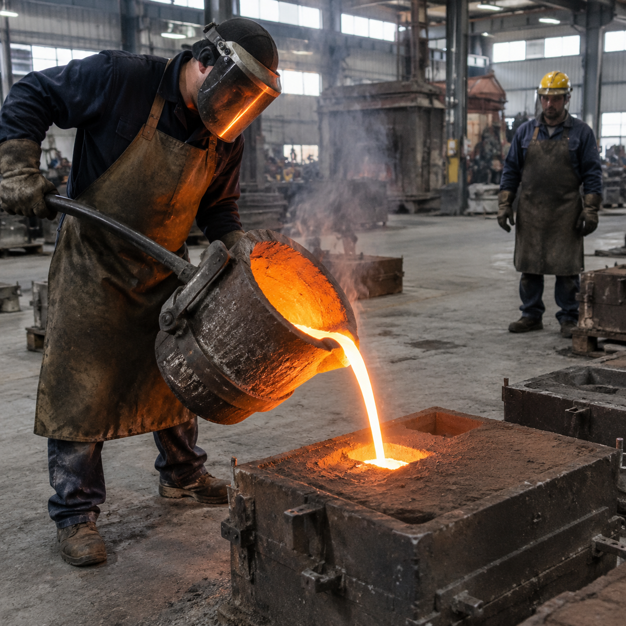 Worker pouring molten iron into a sand mold