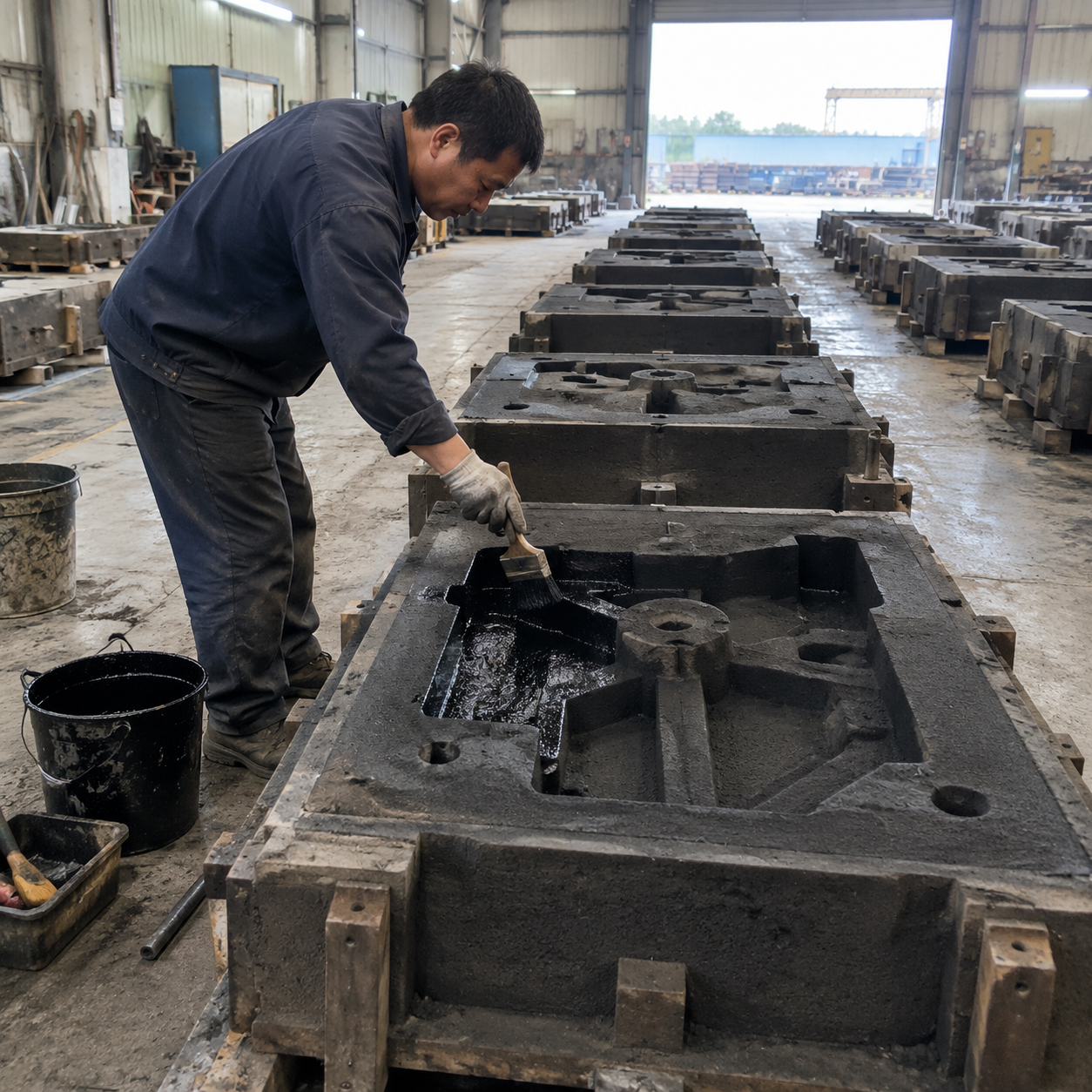 Resin sand molds being coated on a foundry floor