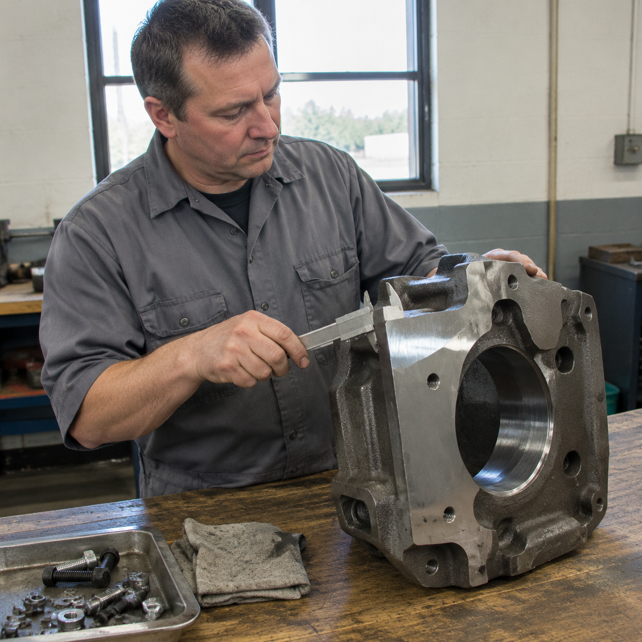 Inspector measuring a machined casting with a caliper