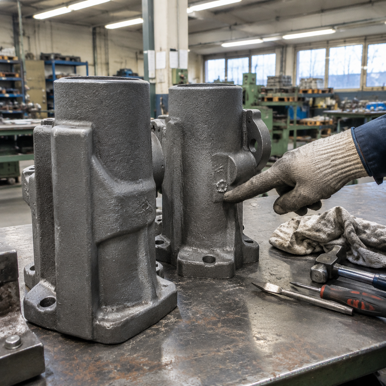 Hand pointing at a heat number stamped on a rough casting