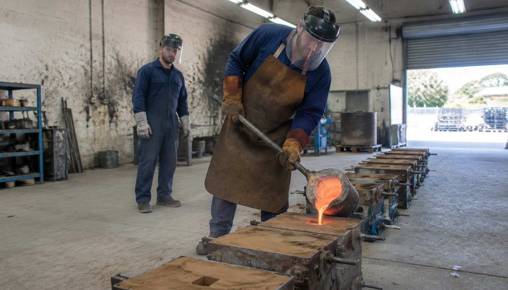 Worker pouring molten metal into sand molds inside a foundry