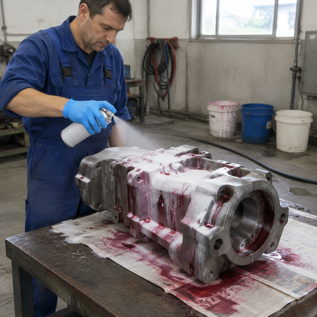 Technician applying developer during dye penetrant inspection
