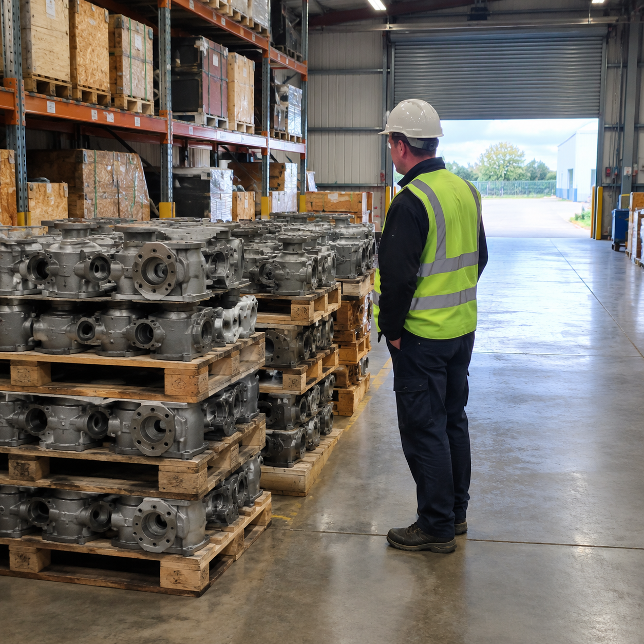 Buyer walking through a foundry warehouse checking pallets of castings