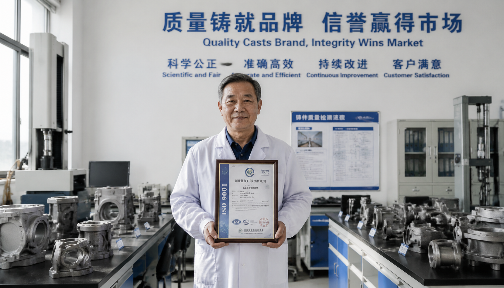 Chinese foundry quality control manager holding ISO 9001 certification document