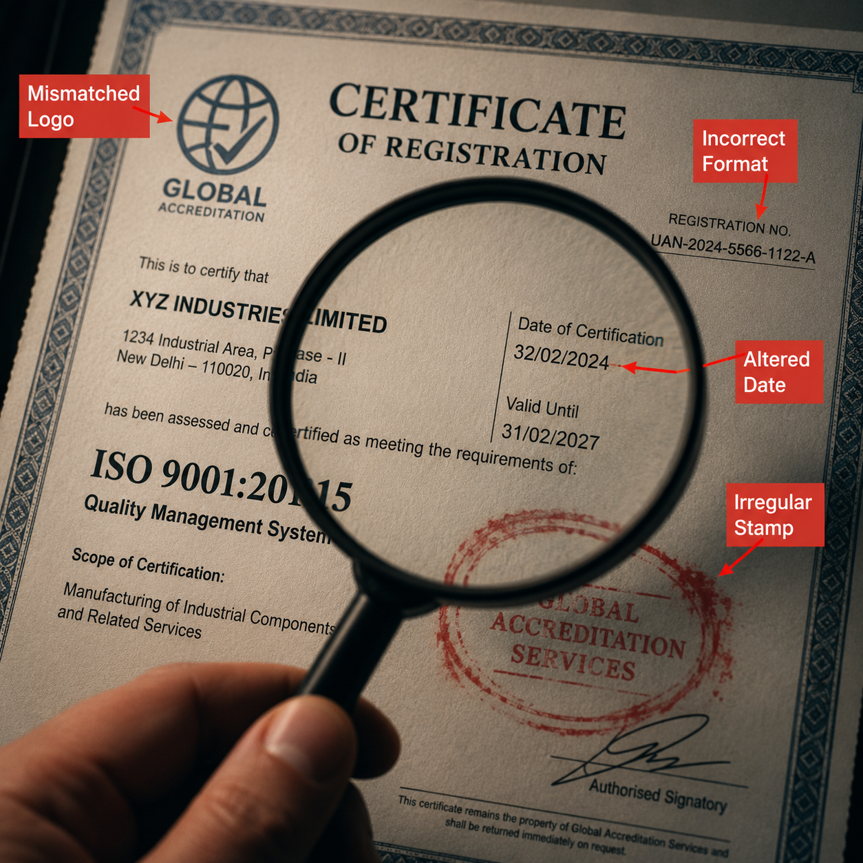 Close-up of a suspicious certificate being inspected with a magnifying glass