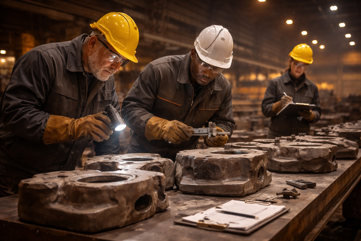 Aluminum die casting factory with workers inspecting castings