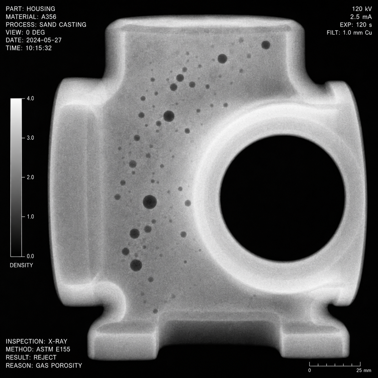 X-ray radiograph showing gas porosity defects in a steel casting