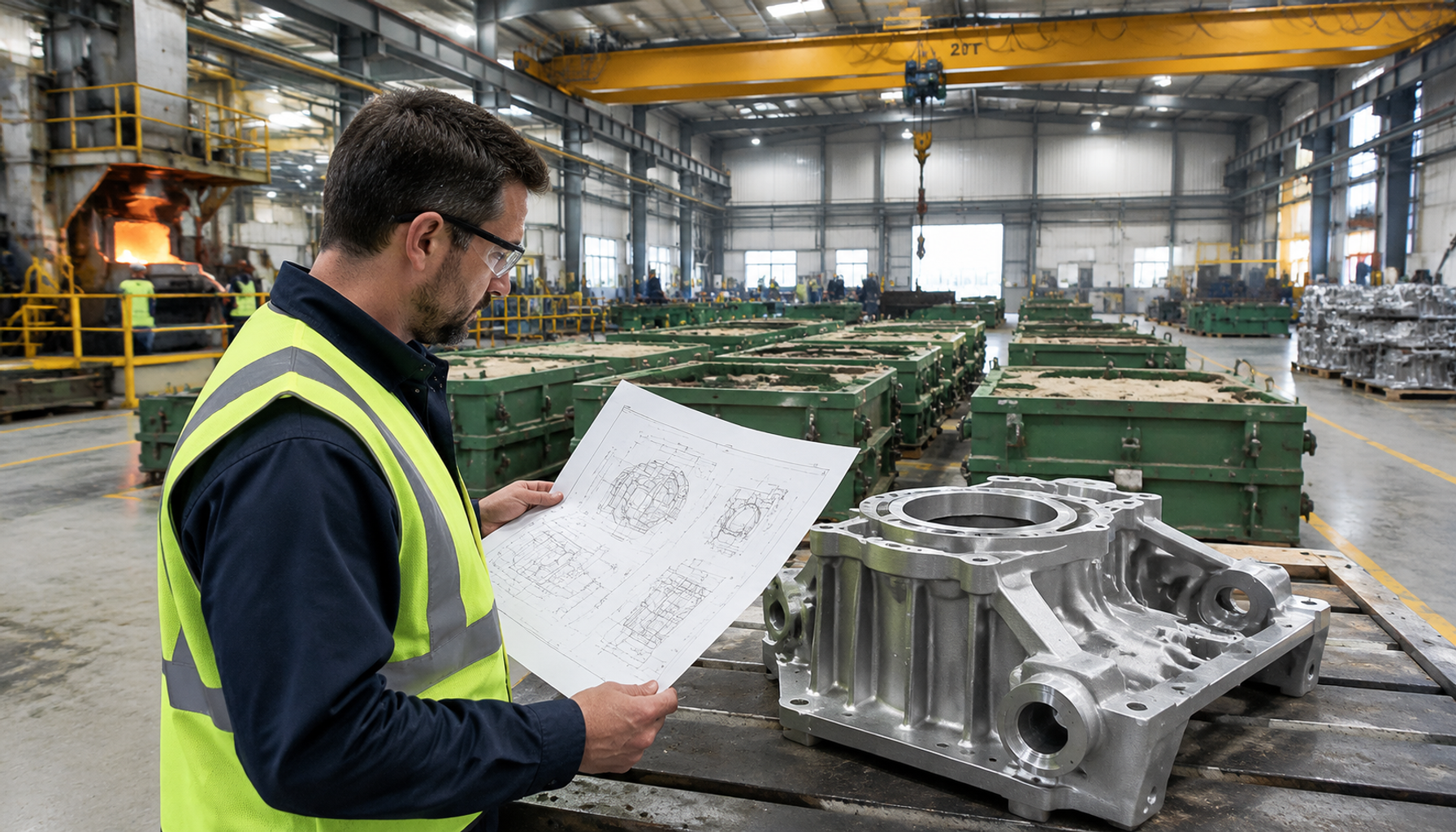 Engineer reviewing a casting drawing beside a finished aluminum part