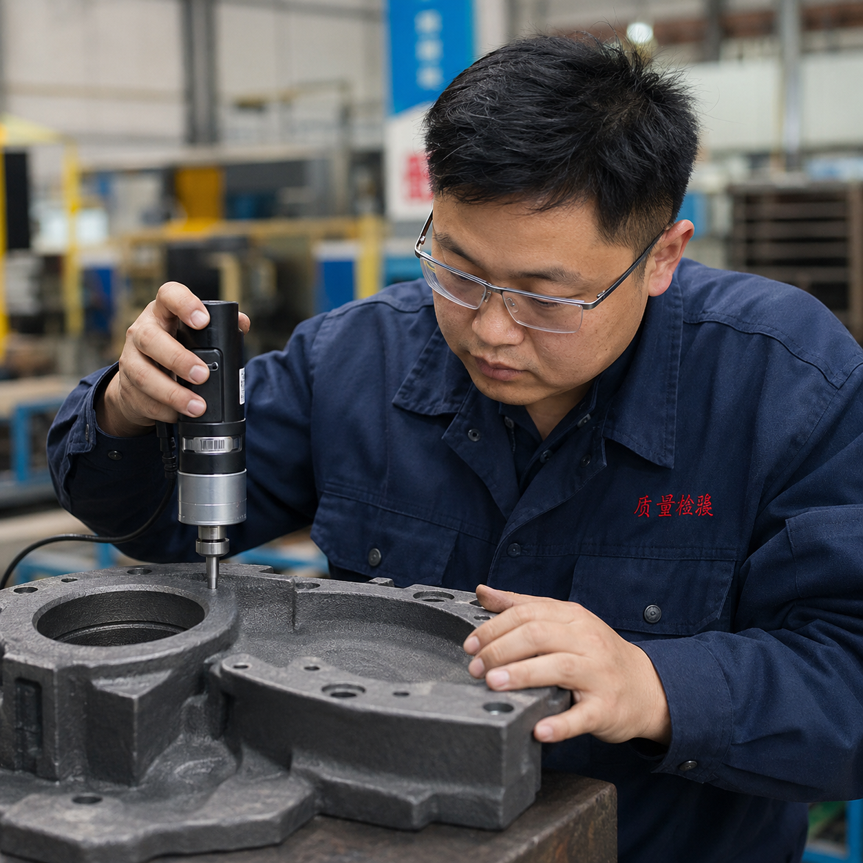 Quality inspector checking ductile iron casting hardness