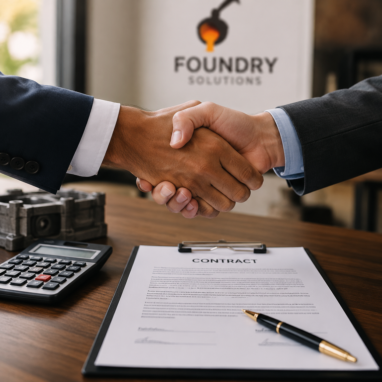 Two hands in business attire shaking hands over a foundry table contract, with a calculator nearby
