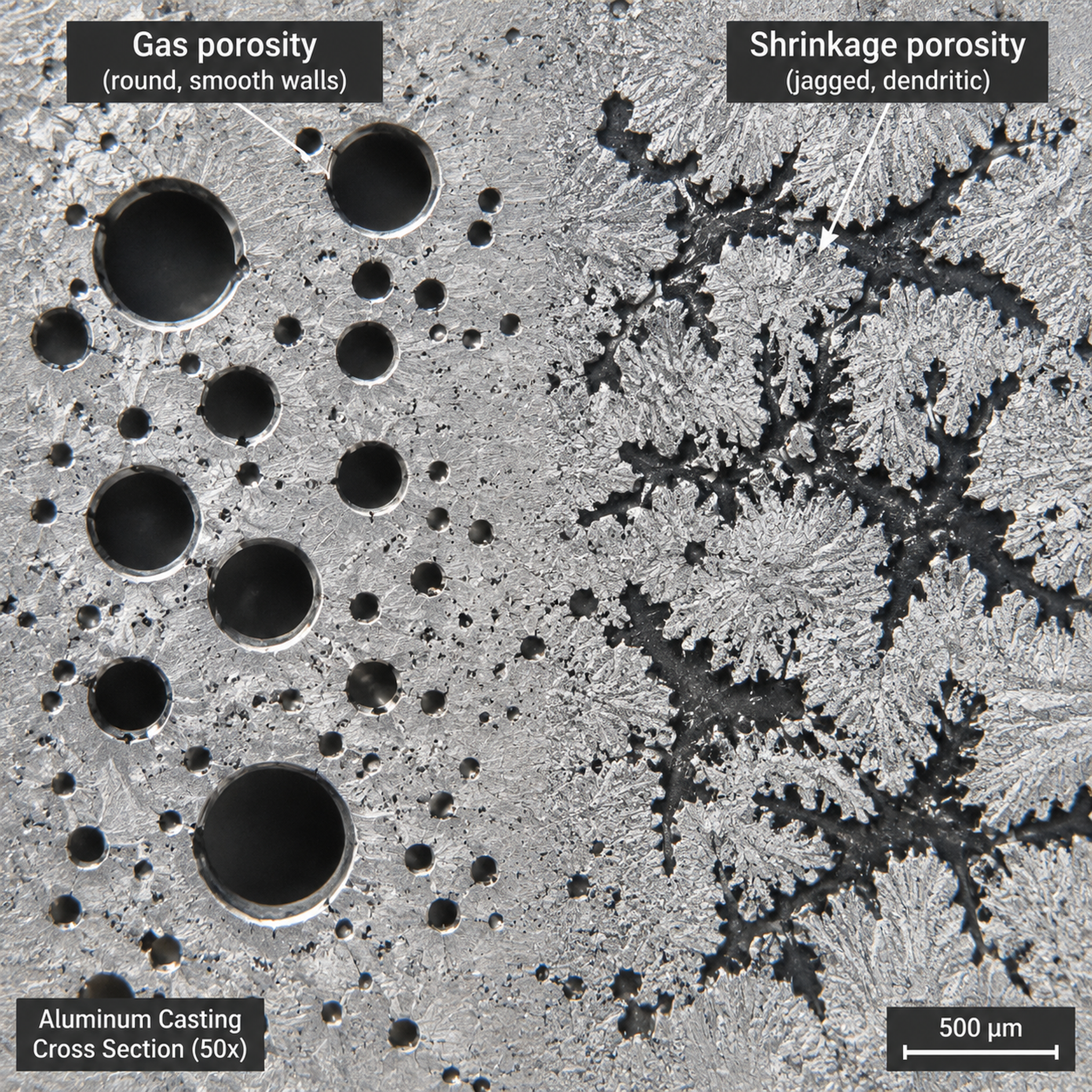 Cross section showing gas porosity versus shrinkage porosity in aluminum casting