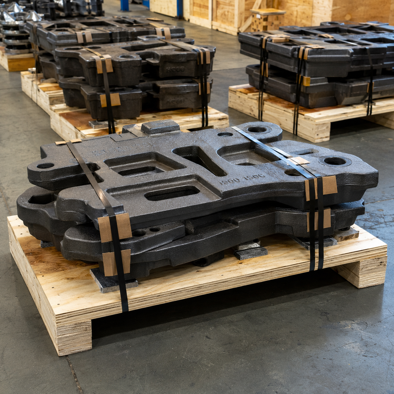 Castings packed on skids for ocean freight