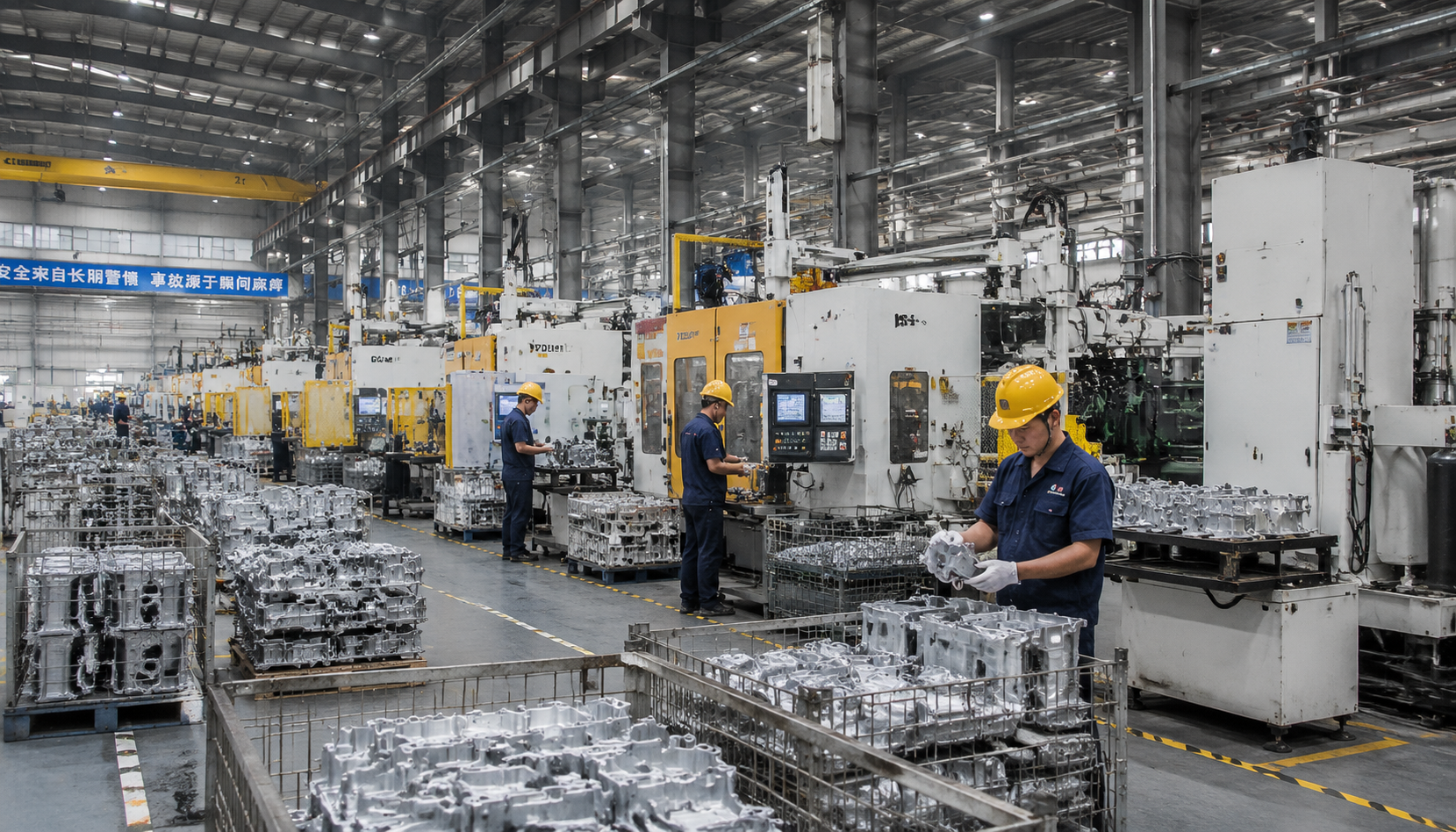 Aluminum die casting factory floor in Guangdong with multiple pressing machines and workers