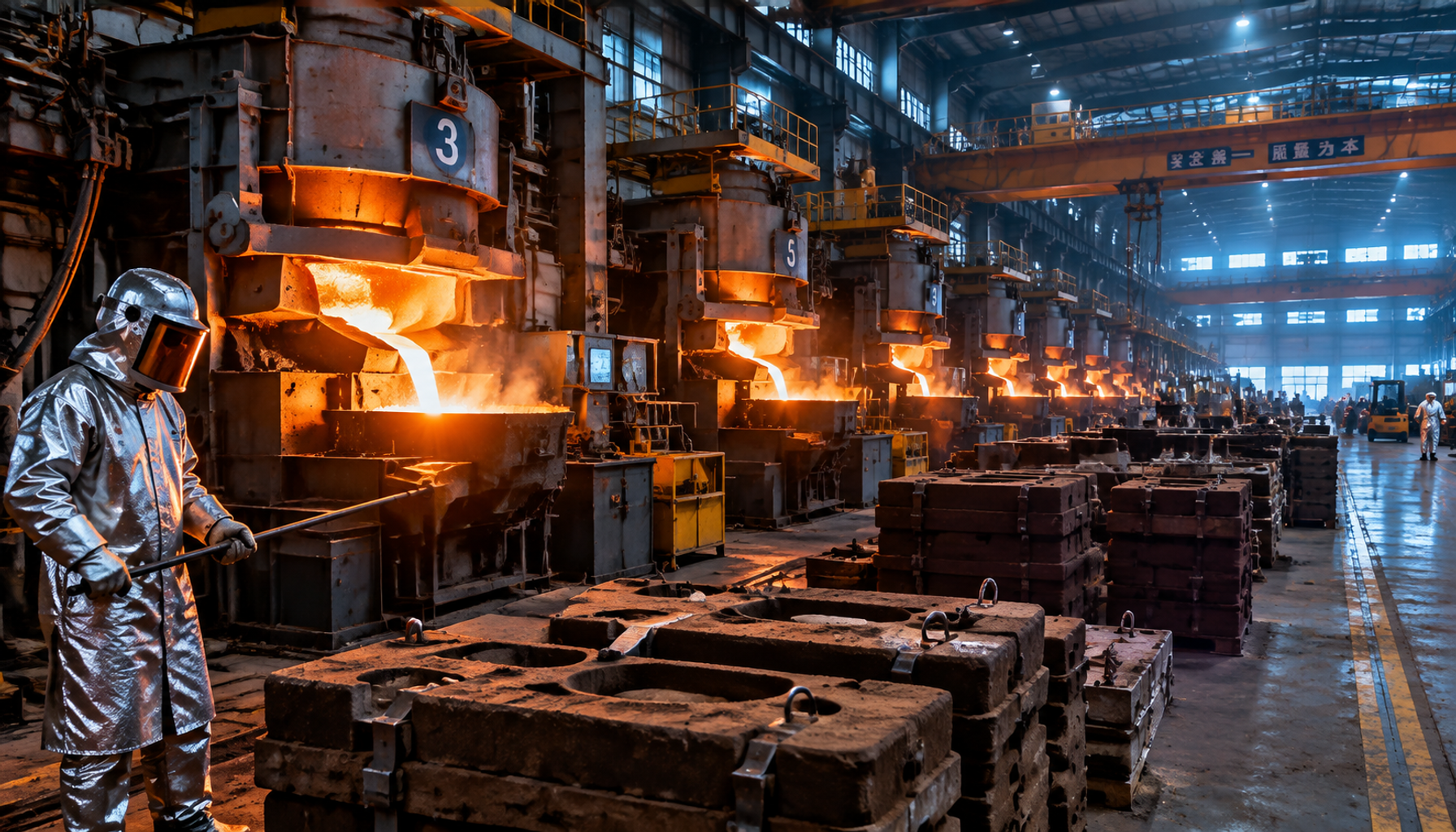 Chinese casting foundry floor with induction furnaces