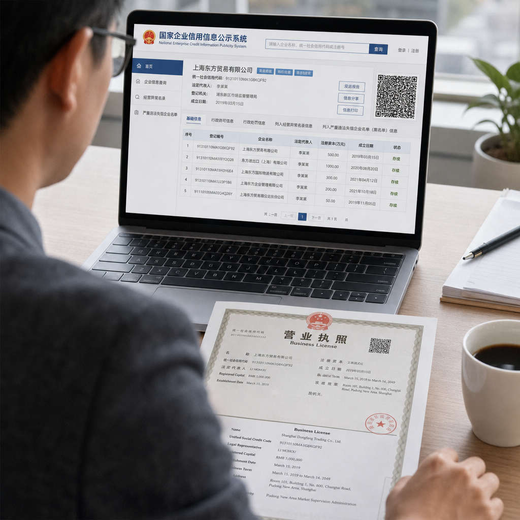Buyer reviewing Chinese corporate registration records on a laptop