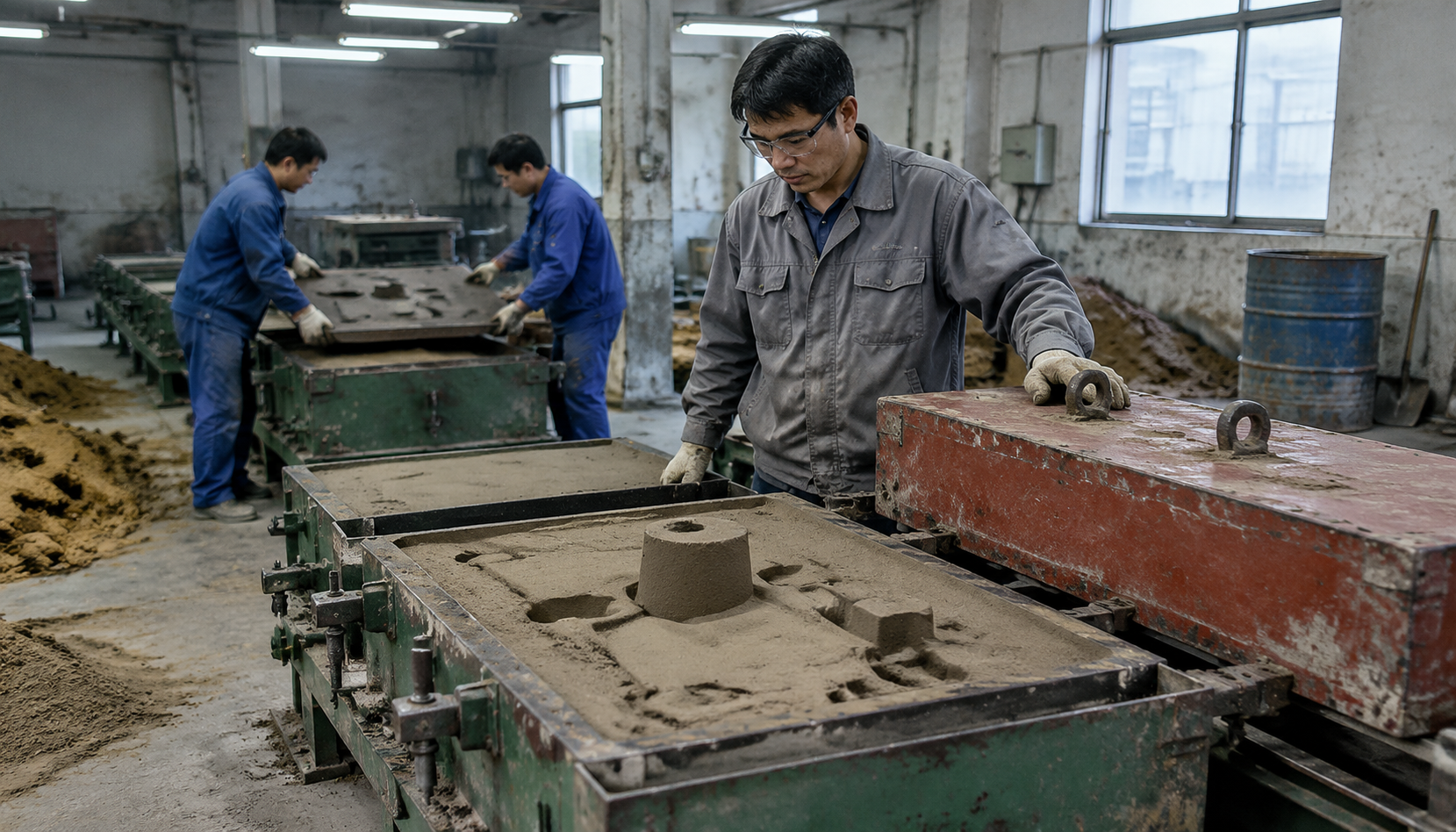 Green sand molding line inside a foundry