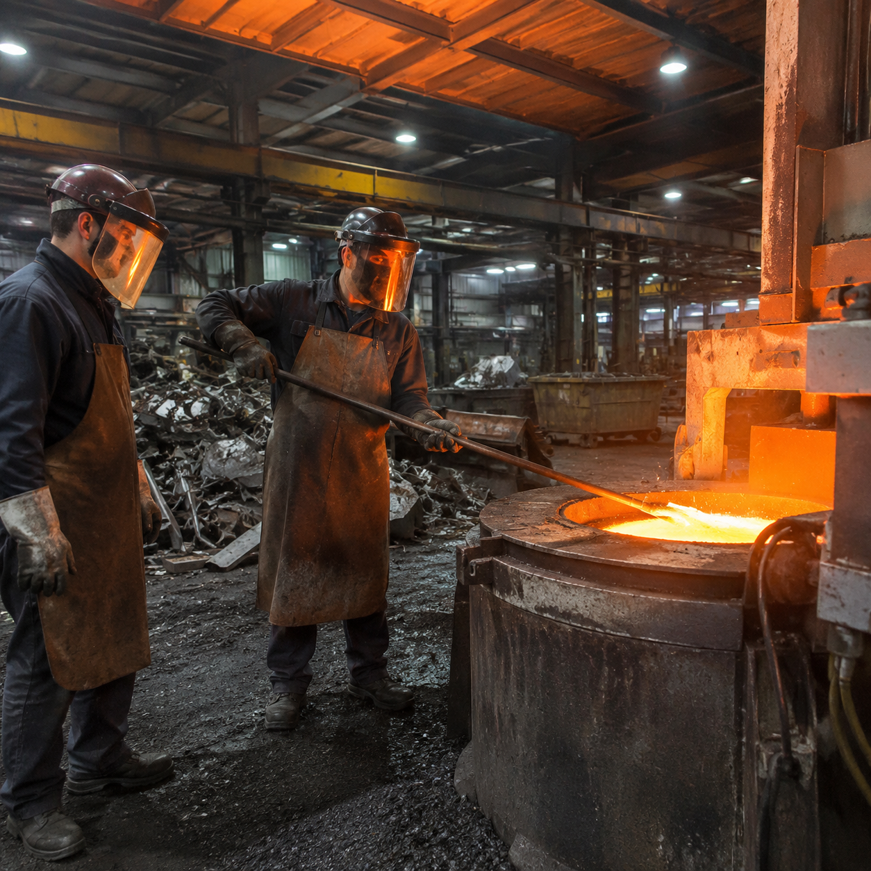 Workers at an induction melting furnace