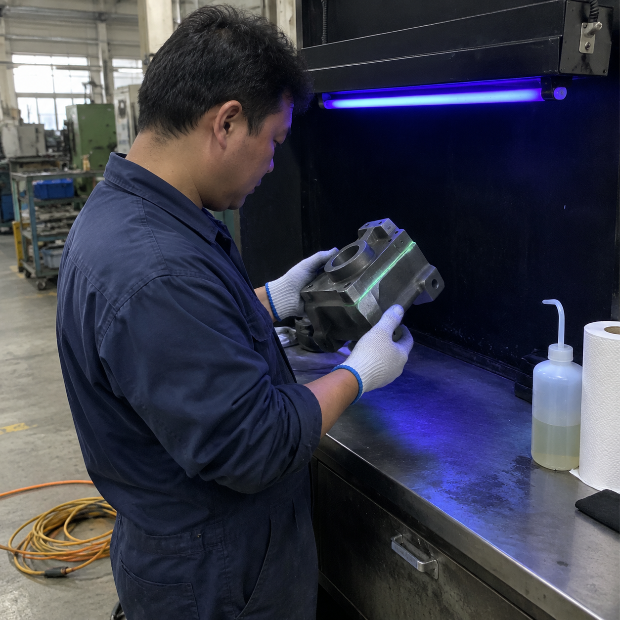 Technician performing fluorescent penetrant inspection on a casting
