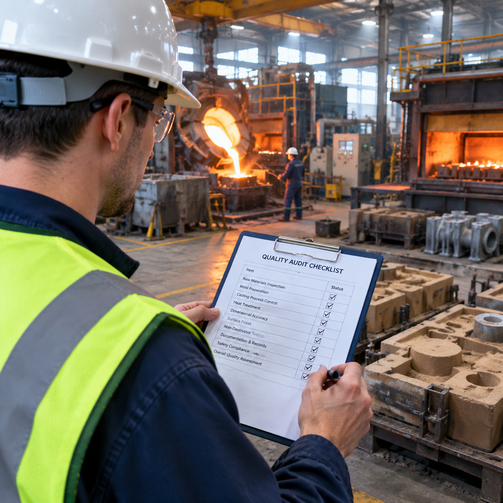 Quality auditor running a casting supplier qualification checklist inside a foundry