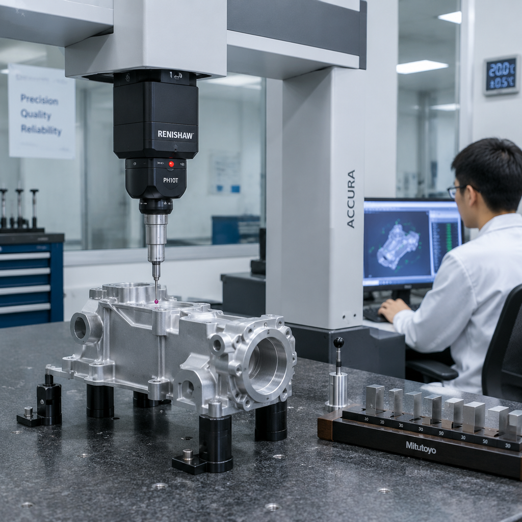CMM dimensional inspection of a machined casting in a metrology lab