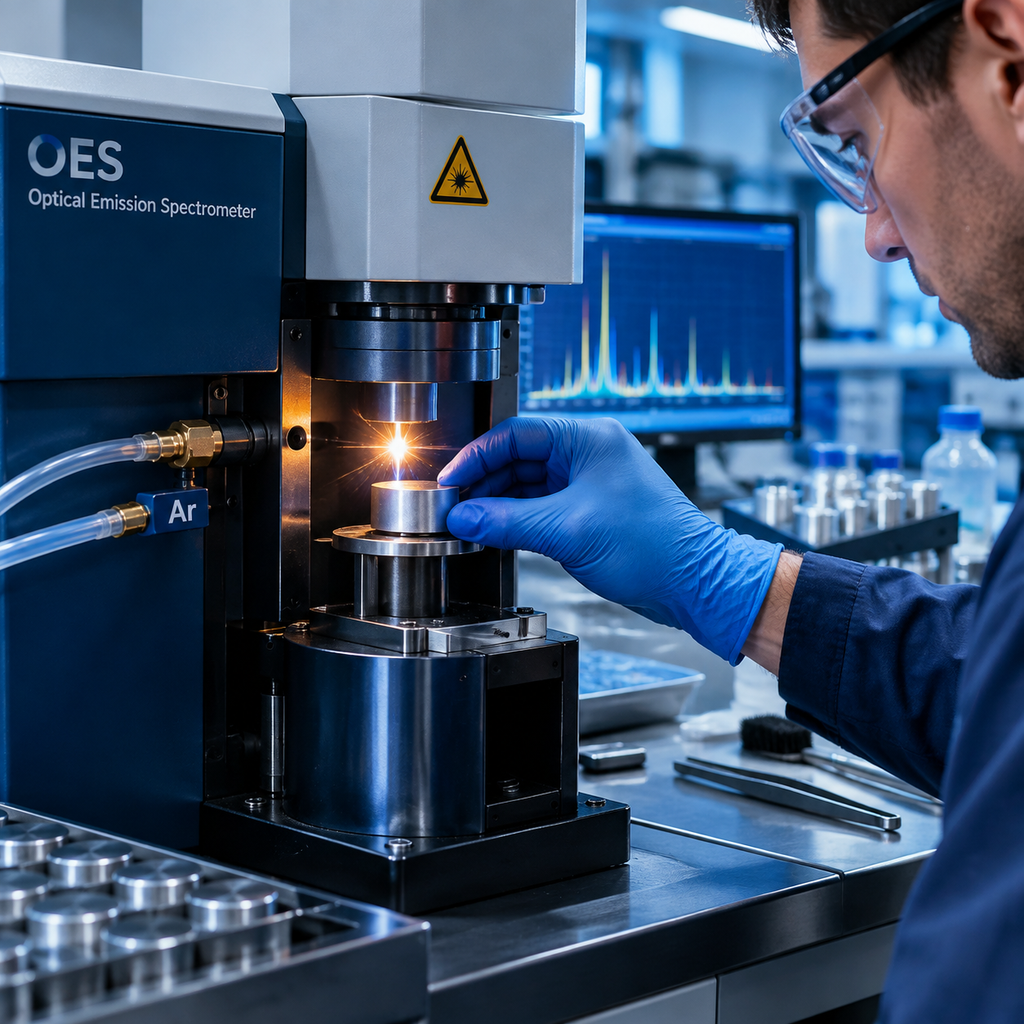 Optical emission spectrometer checking melt chemistry in a casting quality lab
