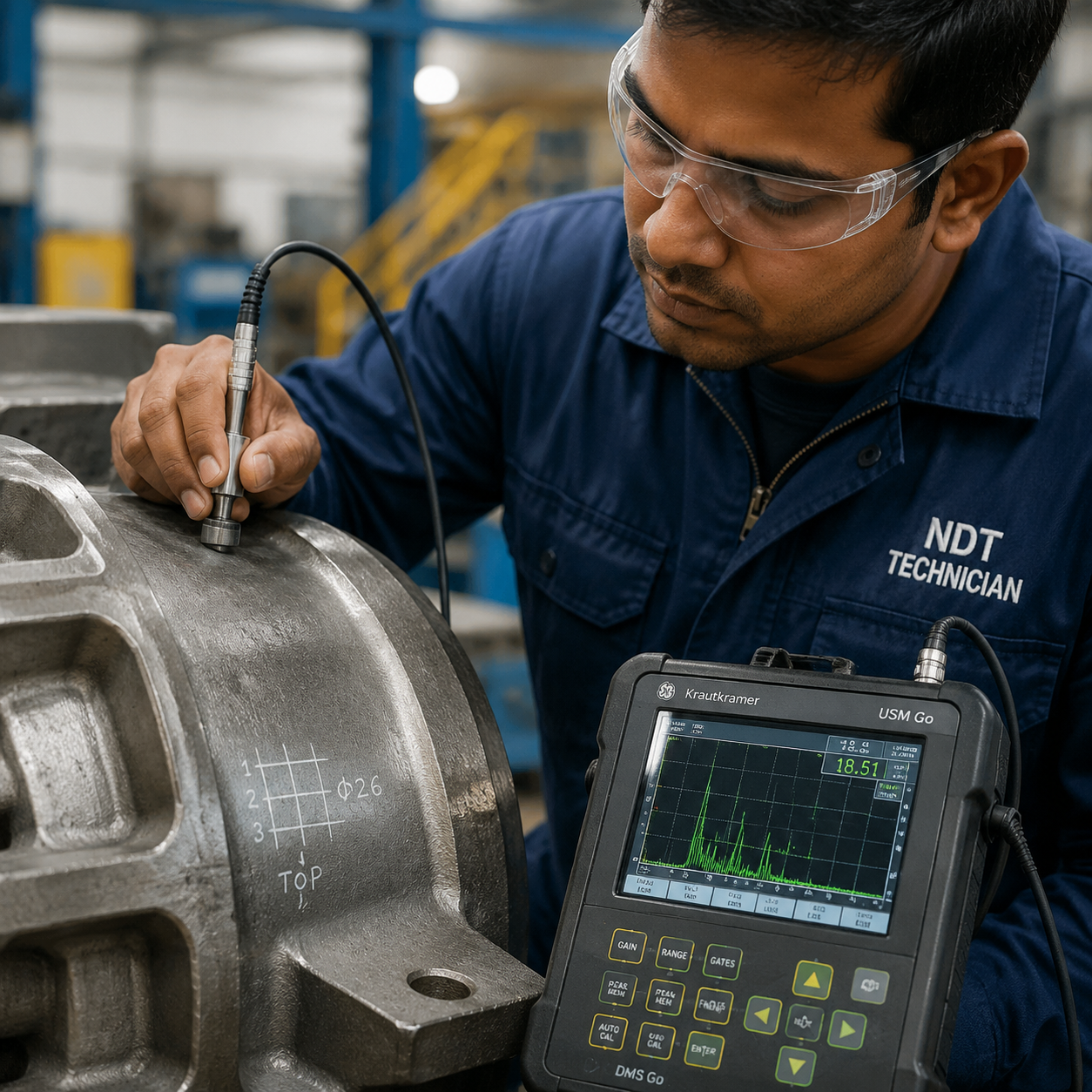 Ultrasonic testing on a metal casting
