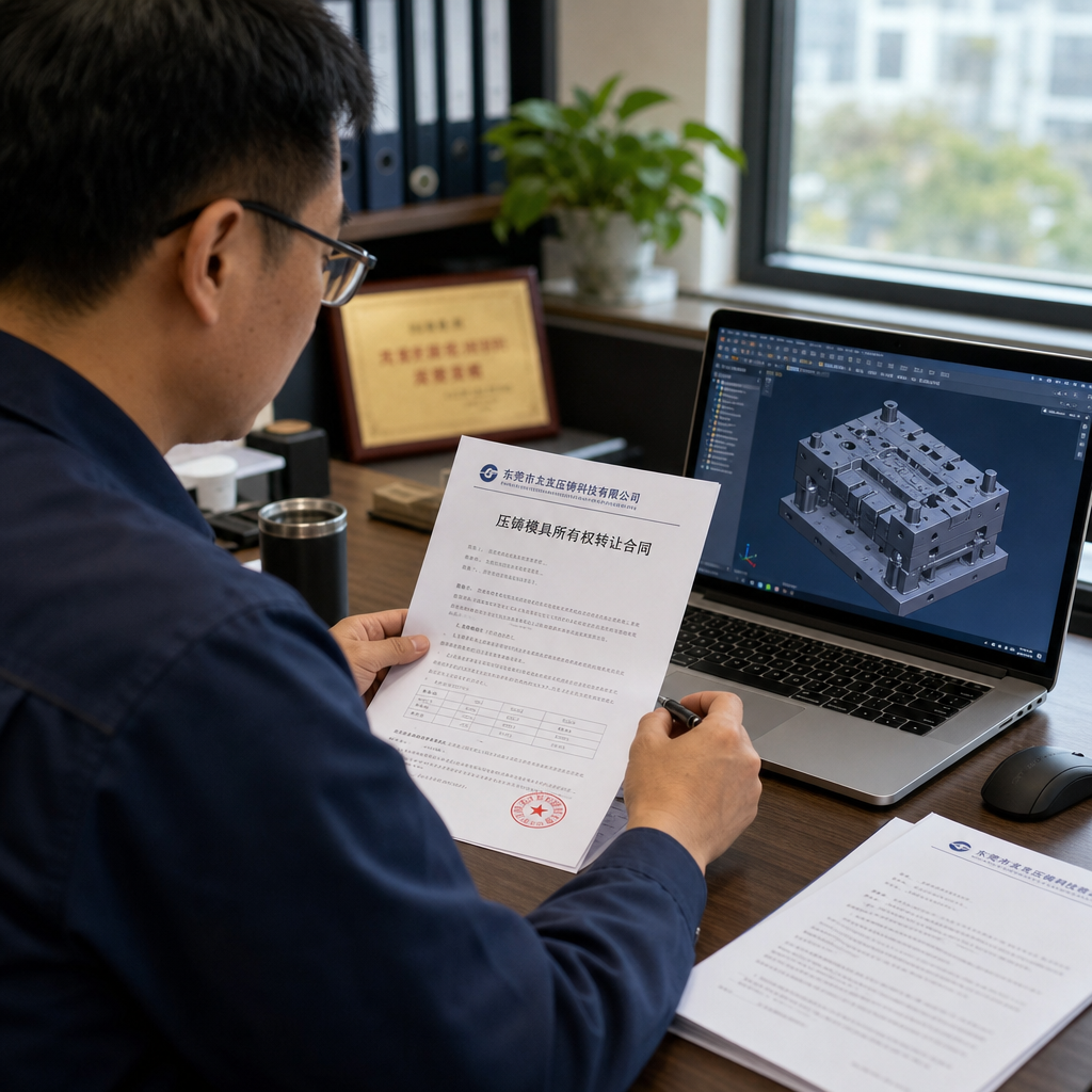 Buyer reviewing tooling ownership contract at a desk