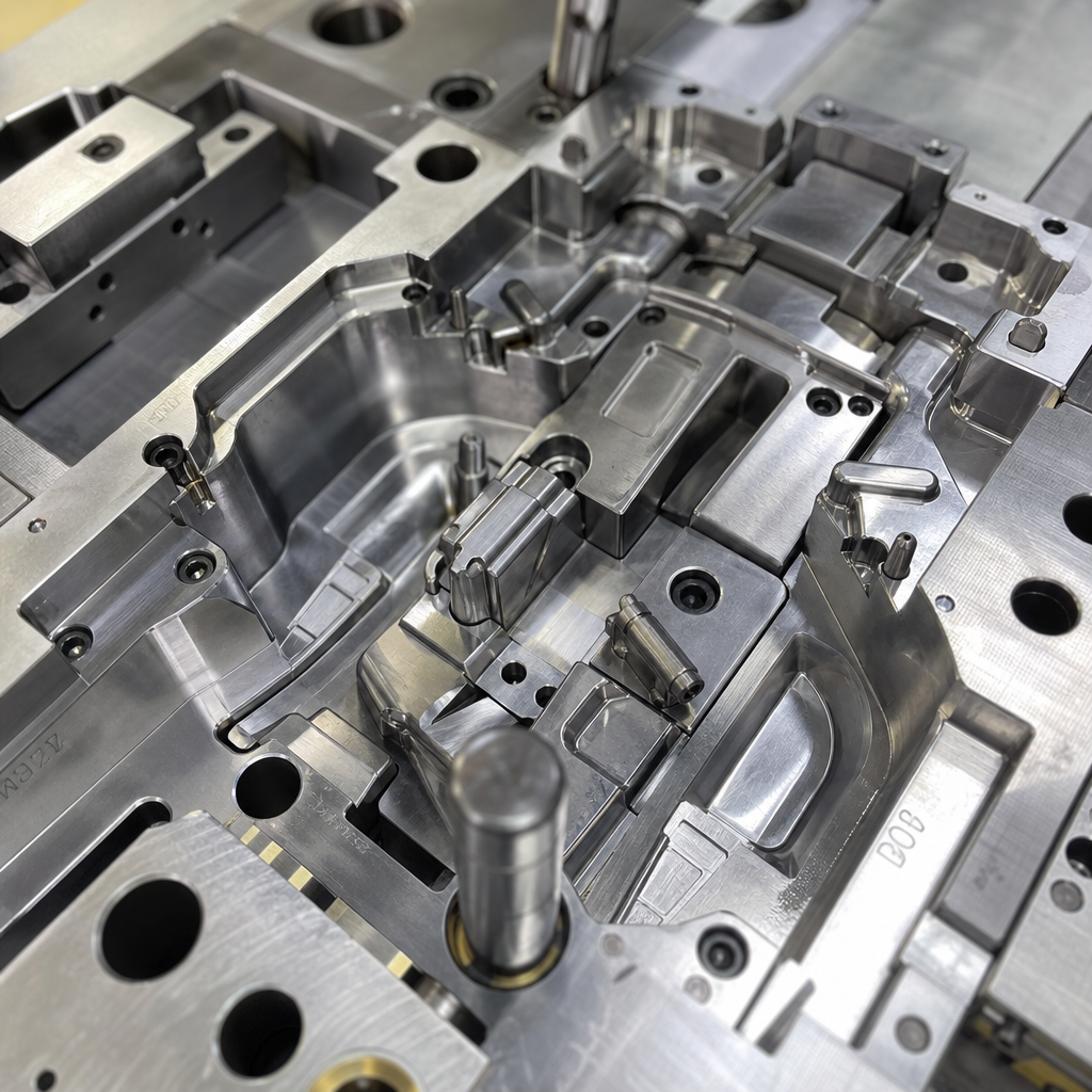 Close-up of polished steel die casting mold cavity
