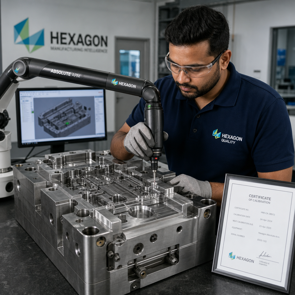 Quality engineer measuring die casting mold with CMM arm