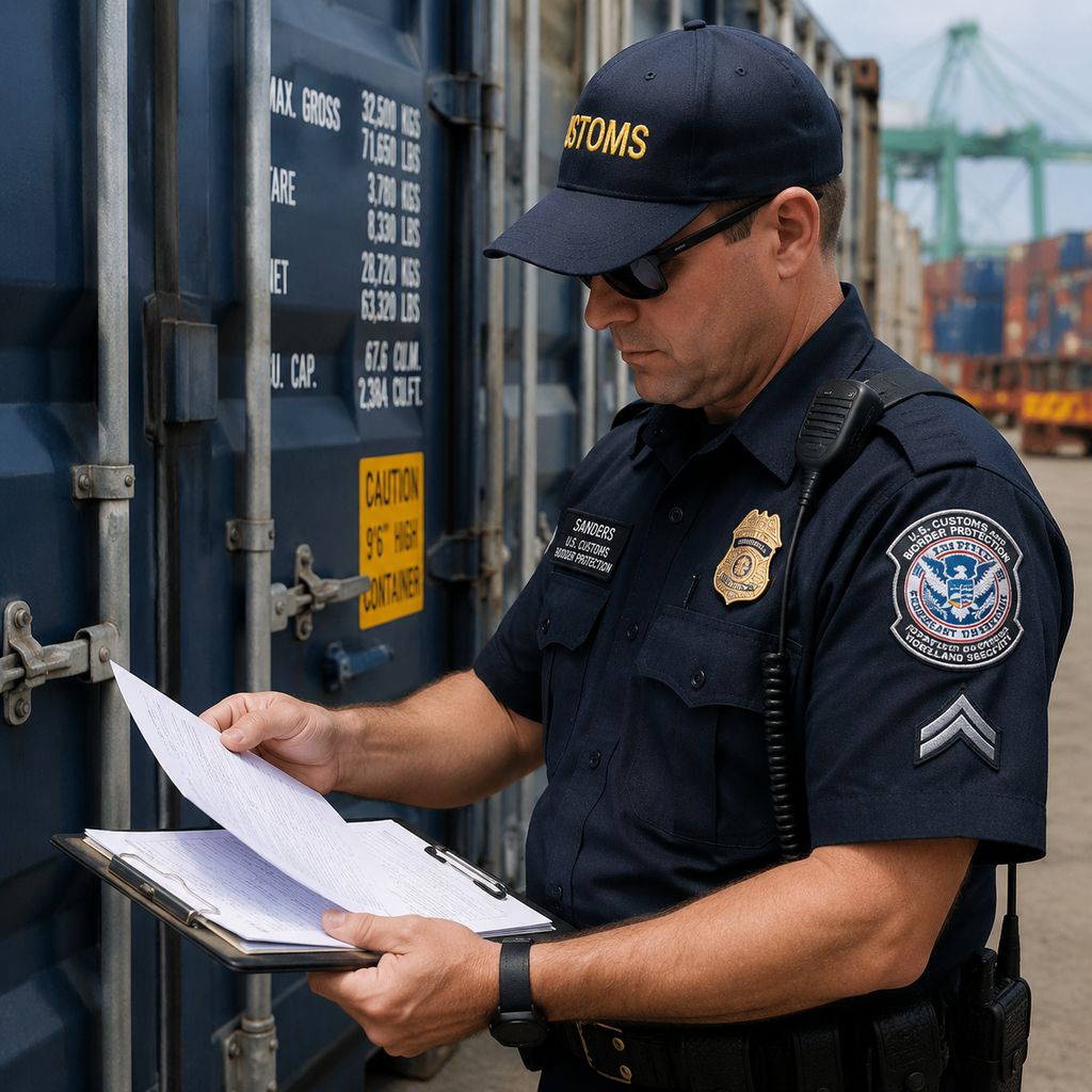 US customs officer checking shipping container documents at port
