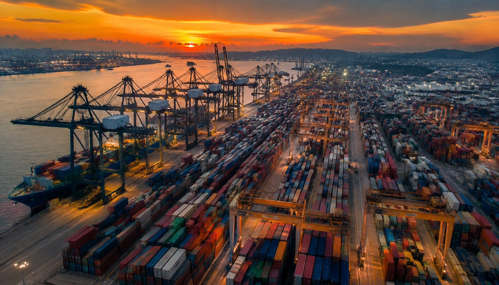 Container port at dusk where customs enforcement checks imported goods