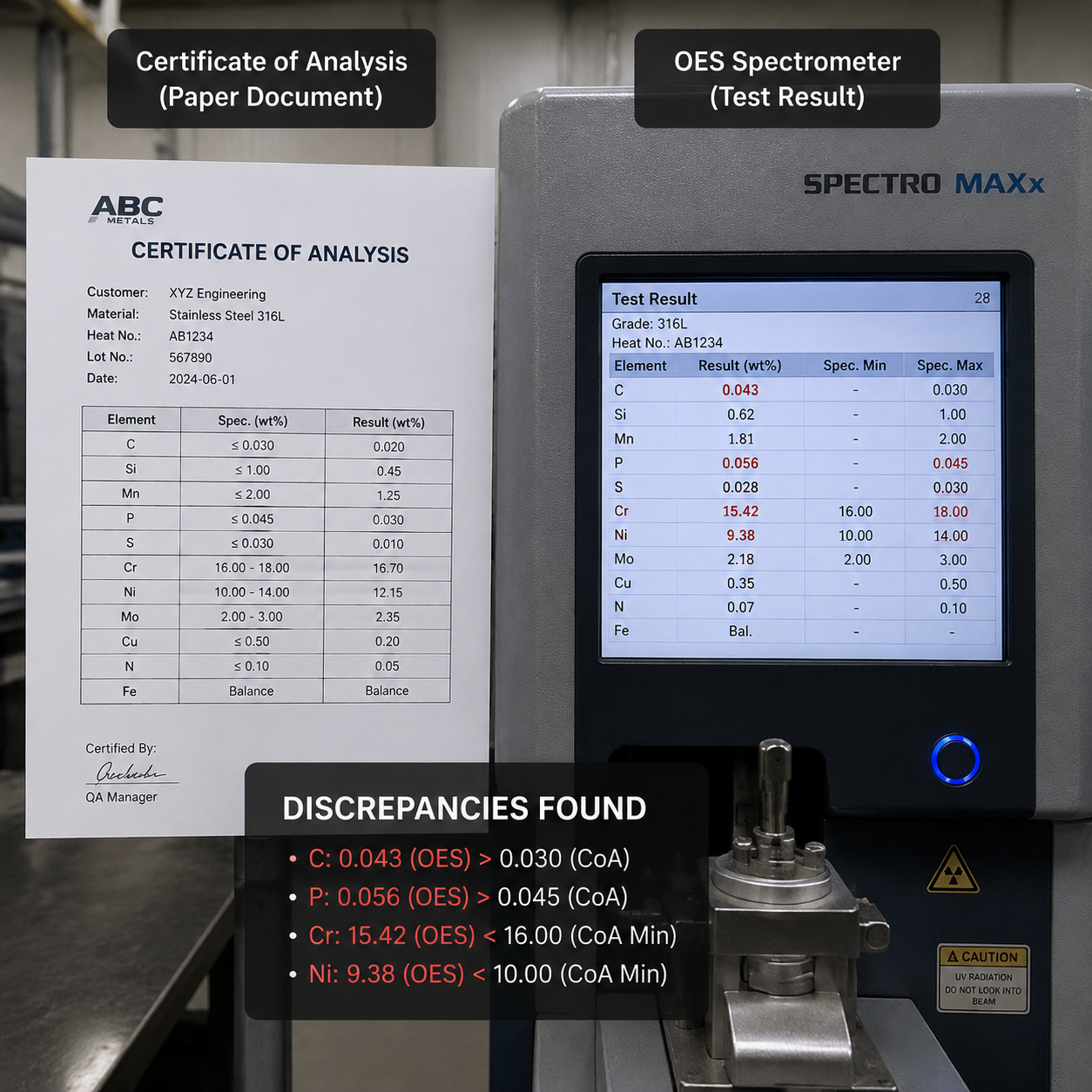 COA vs actual test results comparison