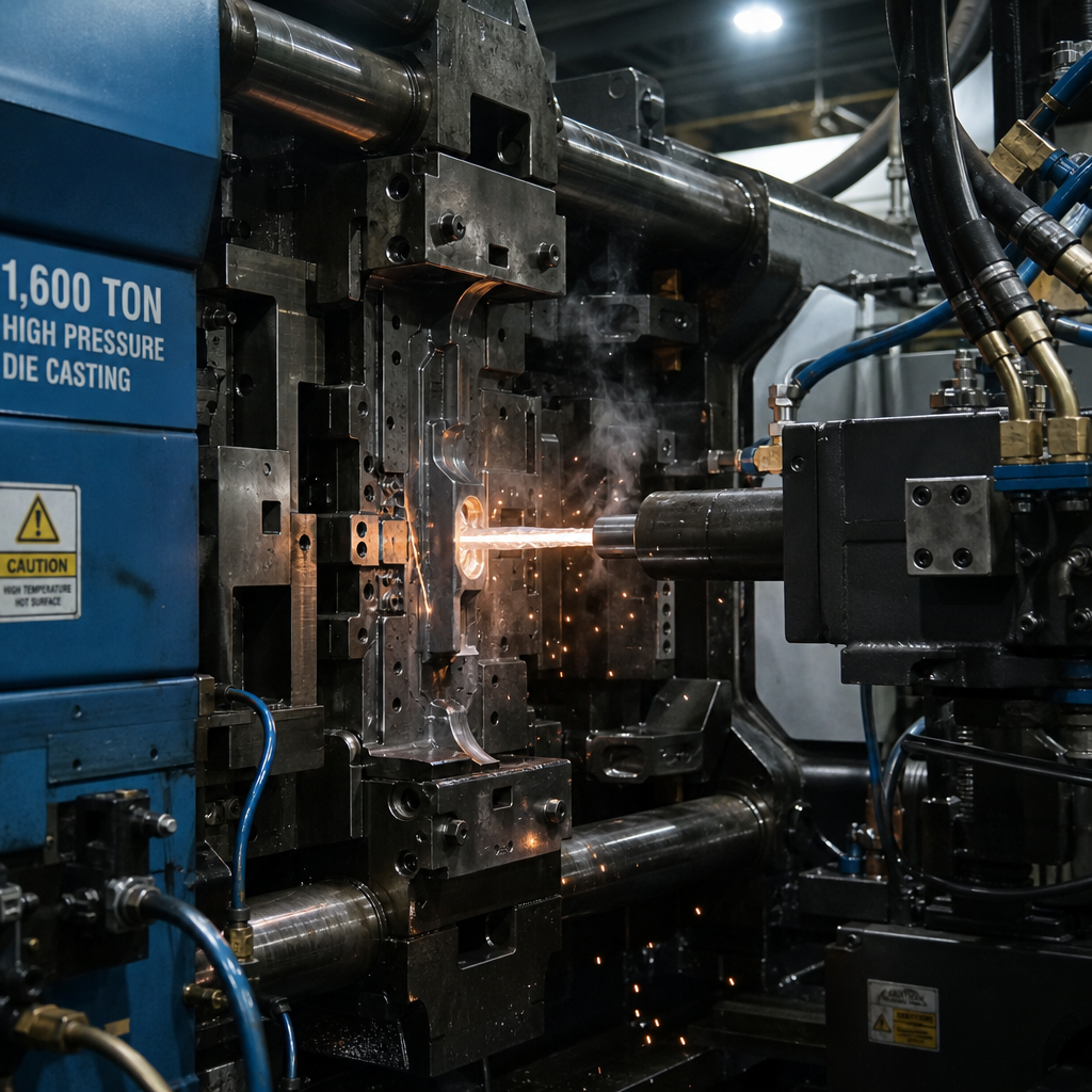 High pressure die casting machine injecting molten aluminum
