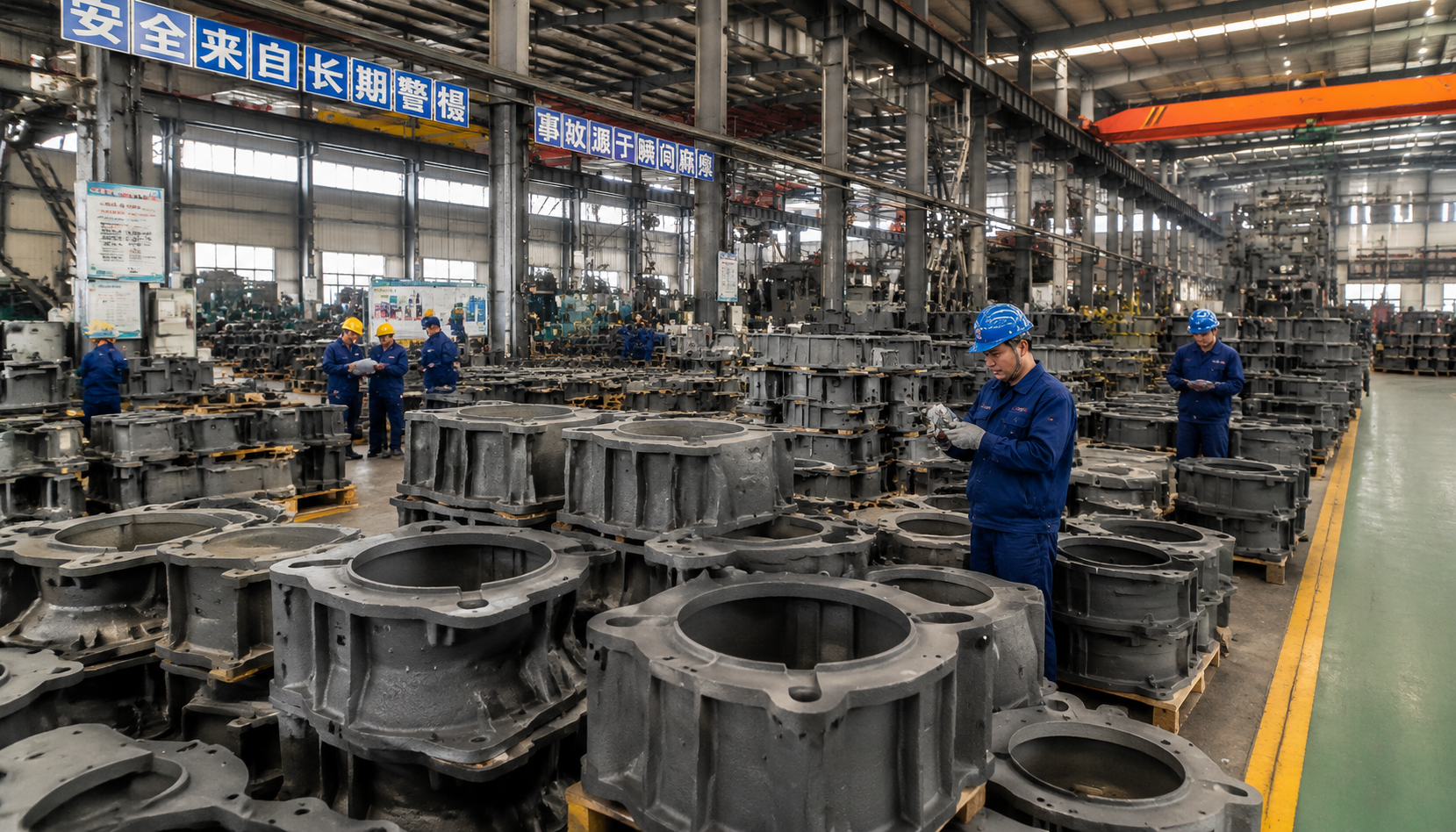 Chinese casting factory production floor with workers and stacked castings