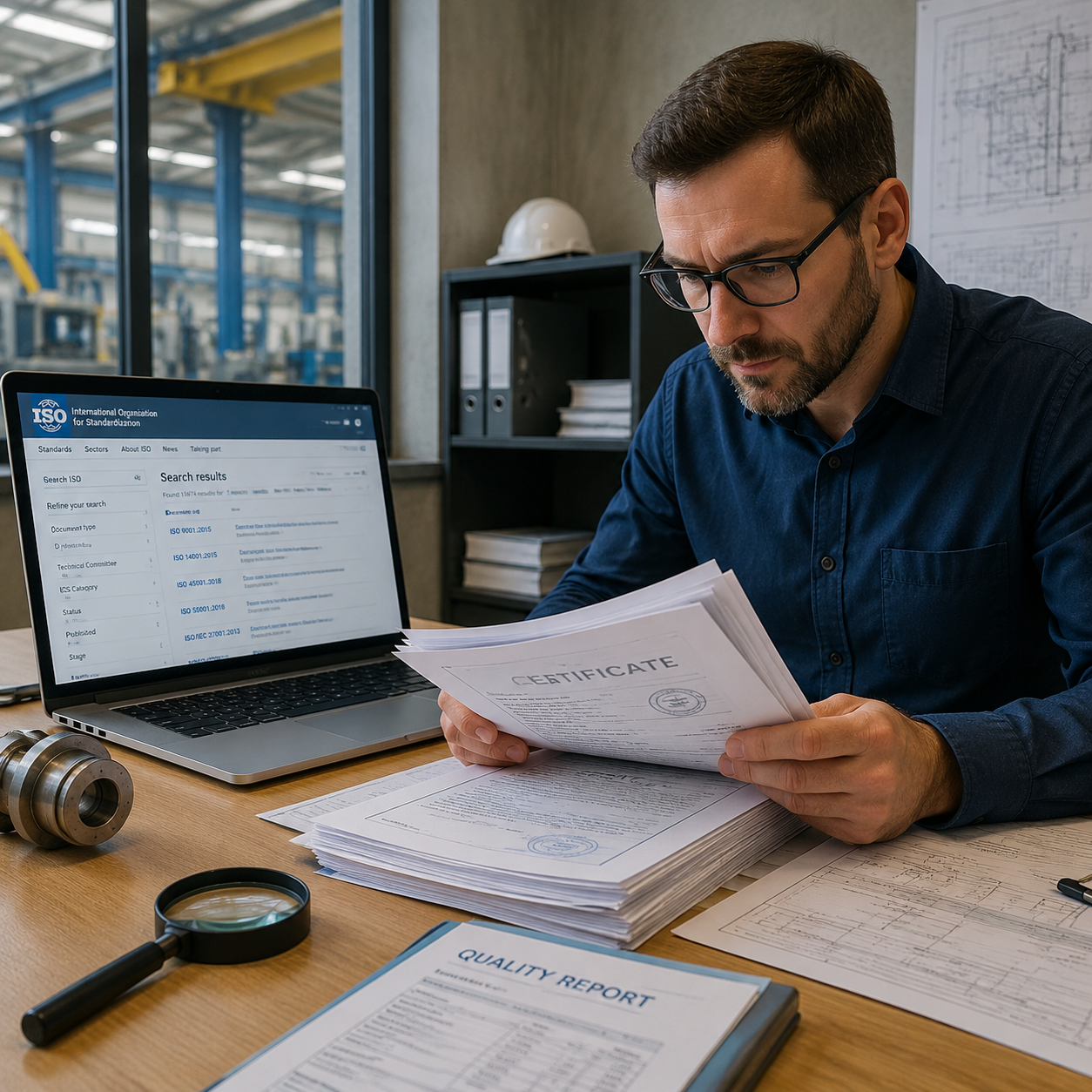Procurement engineer reviewing foundry qualification documents