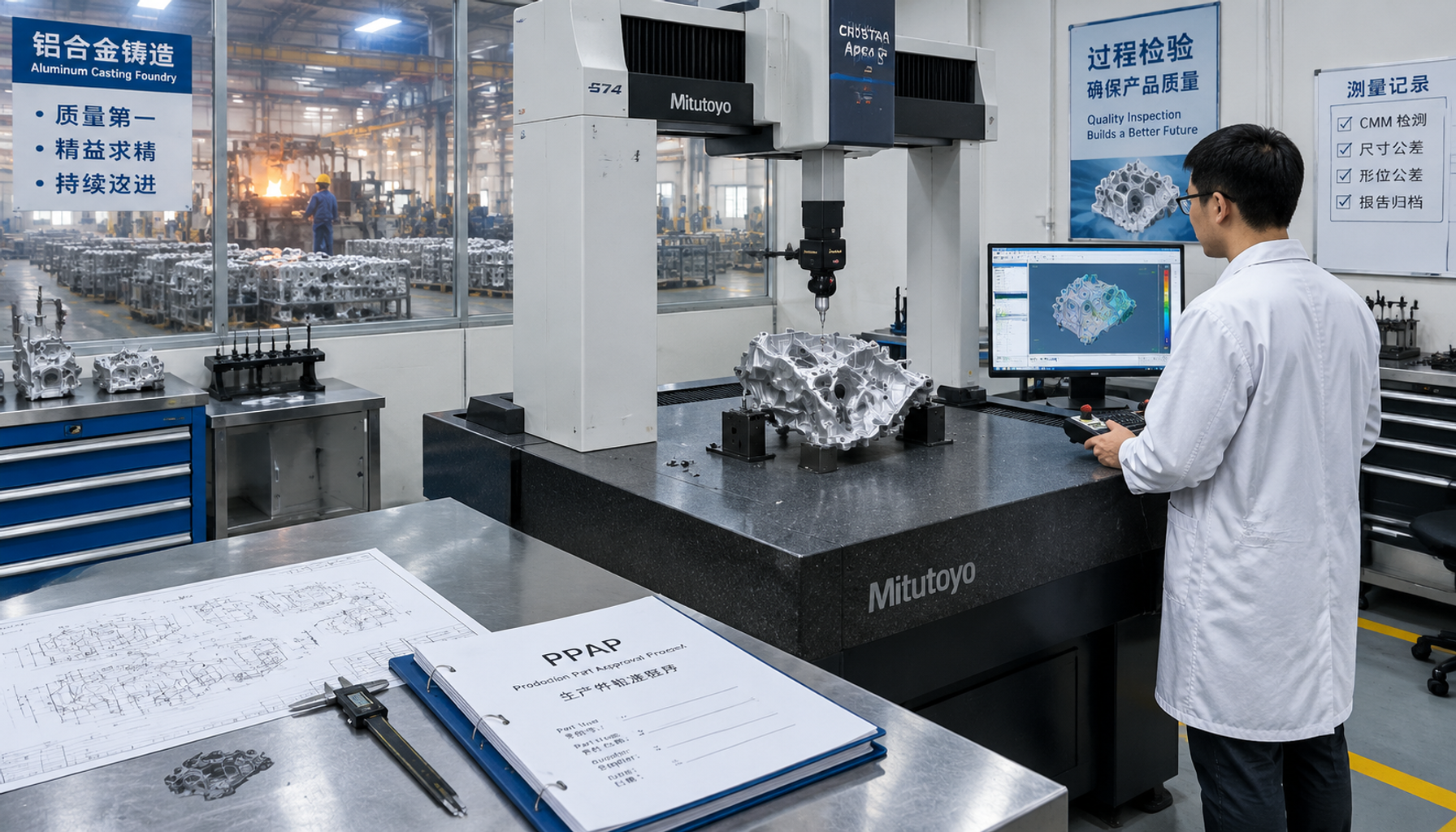 CMM inspection of a sample casting at a Chinese foundry