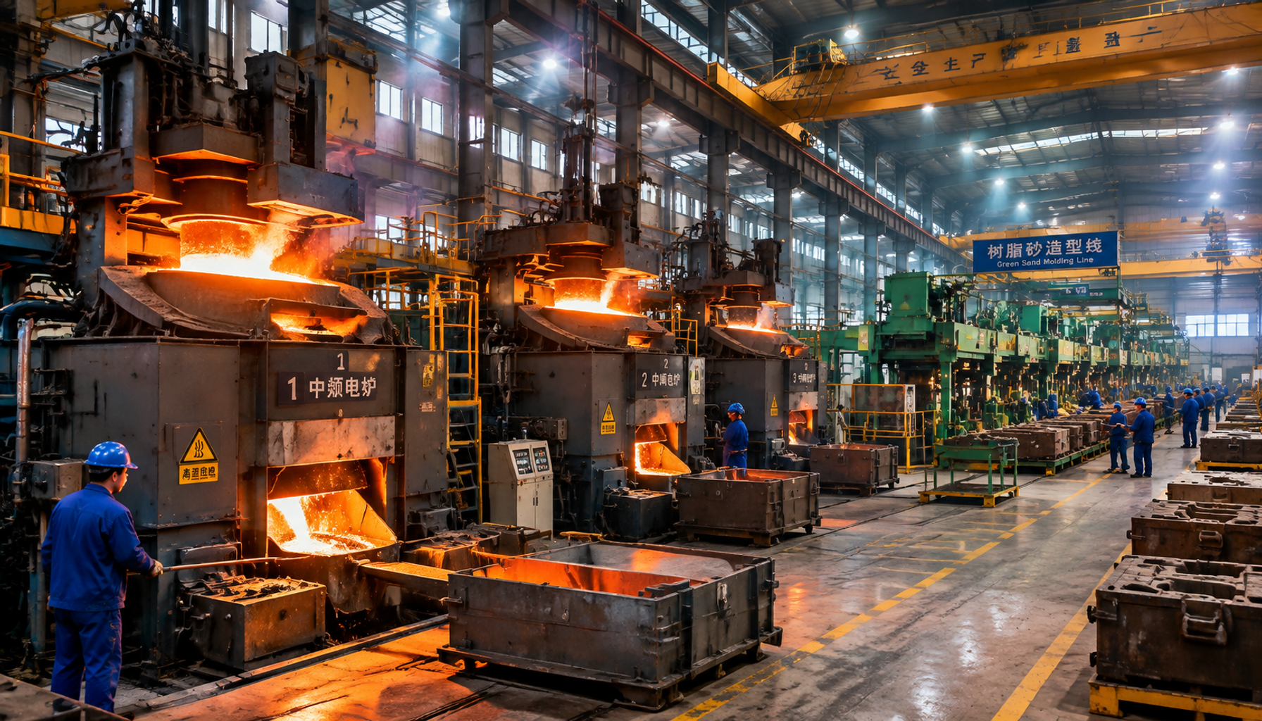Interior of a large Chinese foundry with induction furnaces and a sand molding line