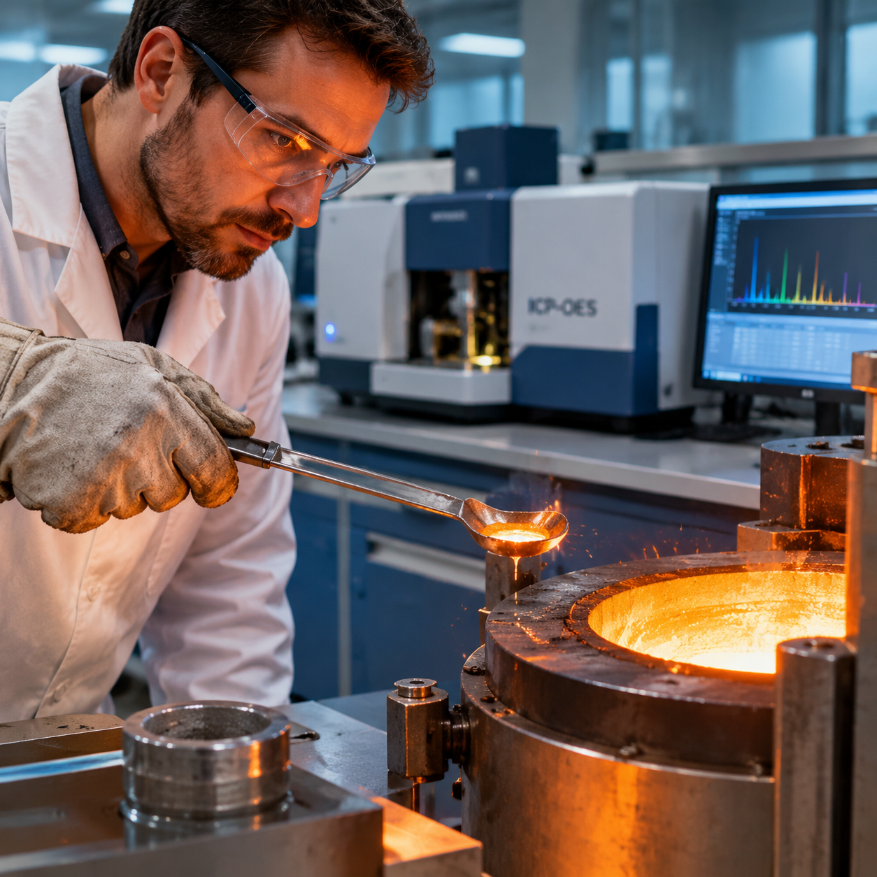 Foundry technician taking a molten metal sample for spectrometer analysis